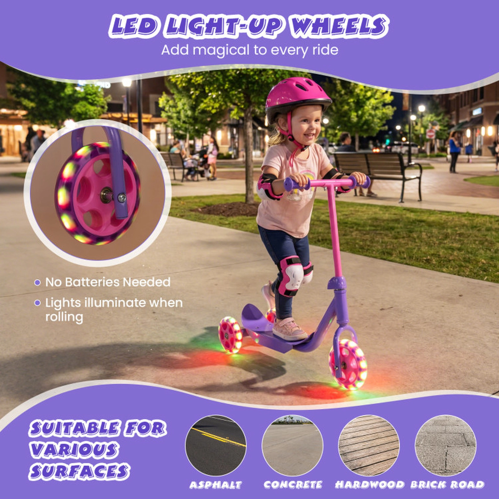 SUGIFT 3-Wheel Kids Scooter with LED Light-Up Wheels Wide Anti-Slip Deck 44-lb Capacity Ages 2+ Pink and Purple