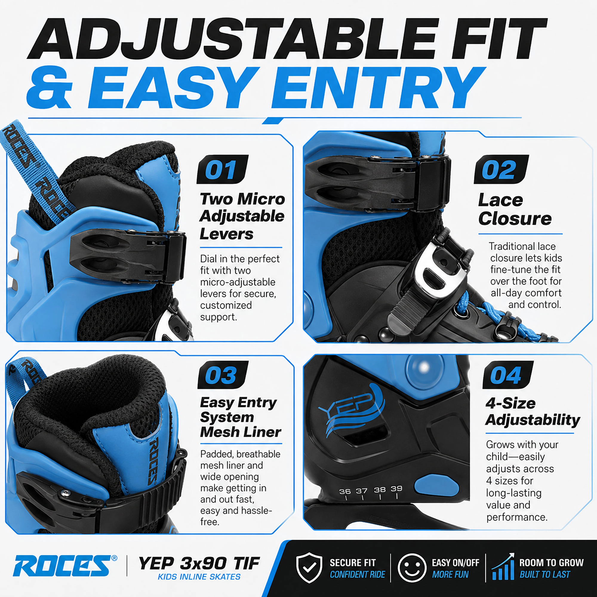 Roces YEP 3x90 TIF Adjustable Junior Inline Skate