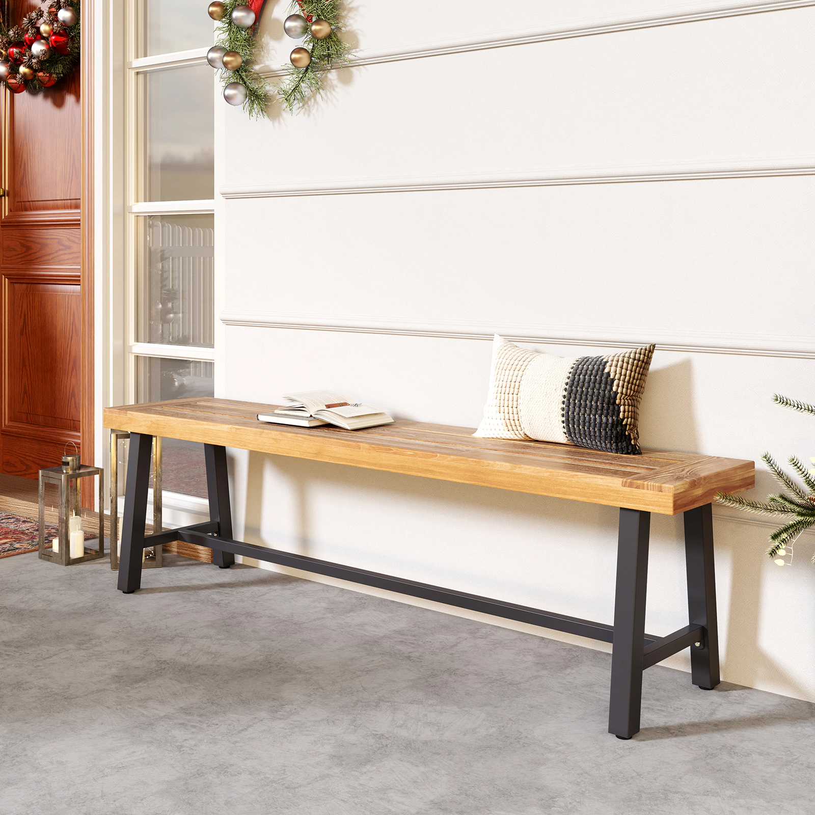 LJG 63 Inch 3-Person Acacia Patio Wood Outdoor Backless Bench-Set of 1