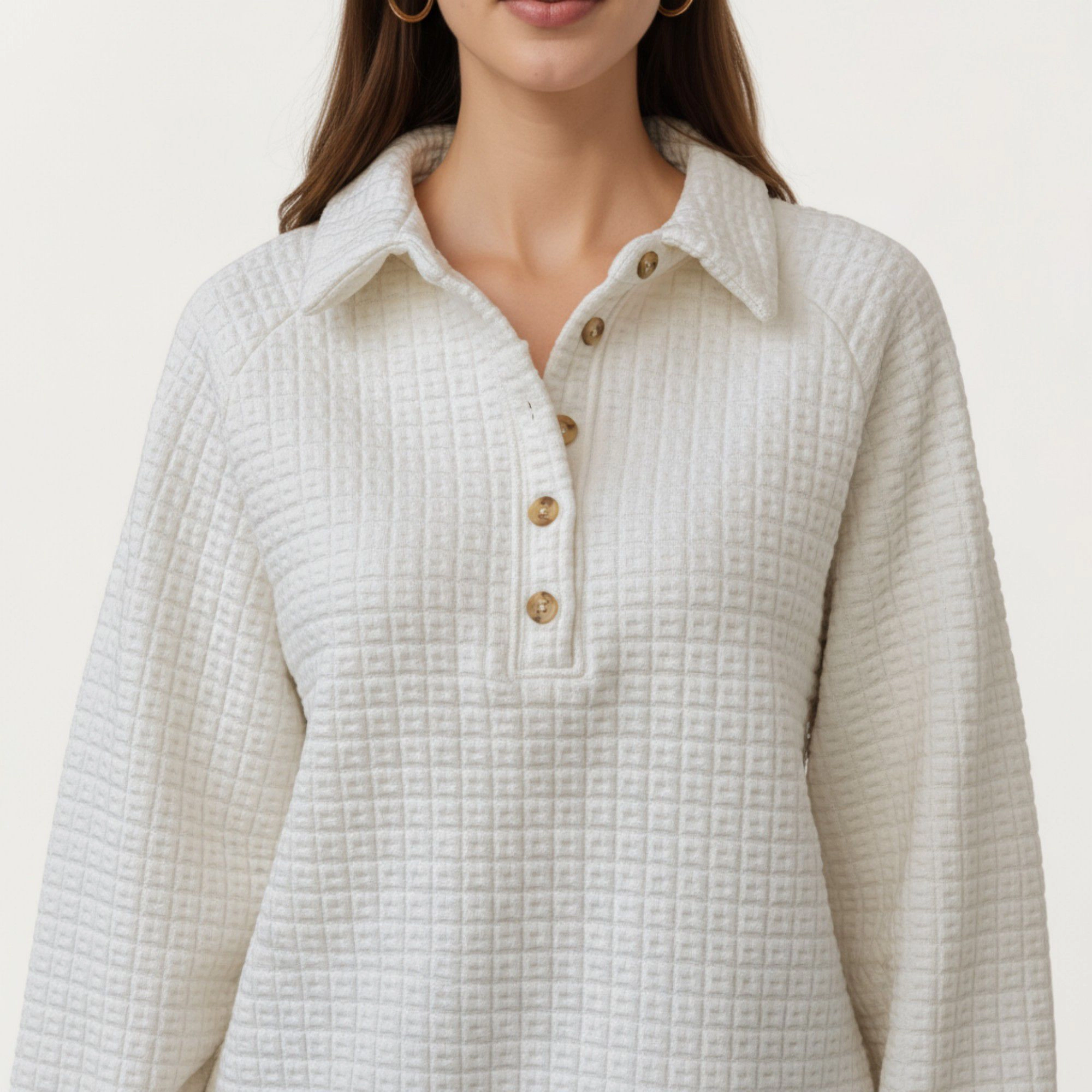 Anna-Kaci Women's Long Sleeve Button Front Textured Waffle Knit Pullover with Collar