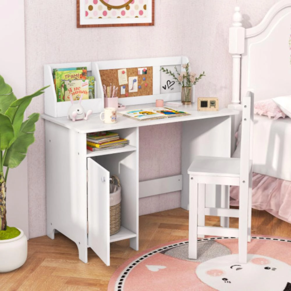 Hivvago Wooden Kids Study Desk And Chair Set With Storage Cabinet And Bulletin Board-White