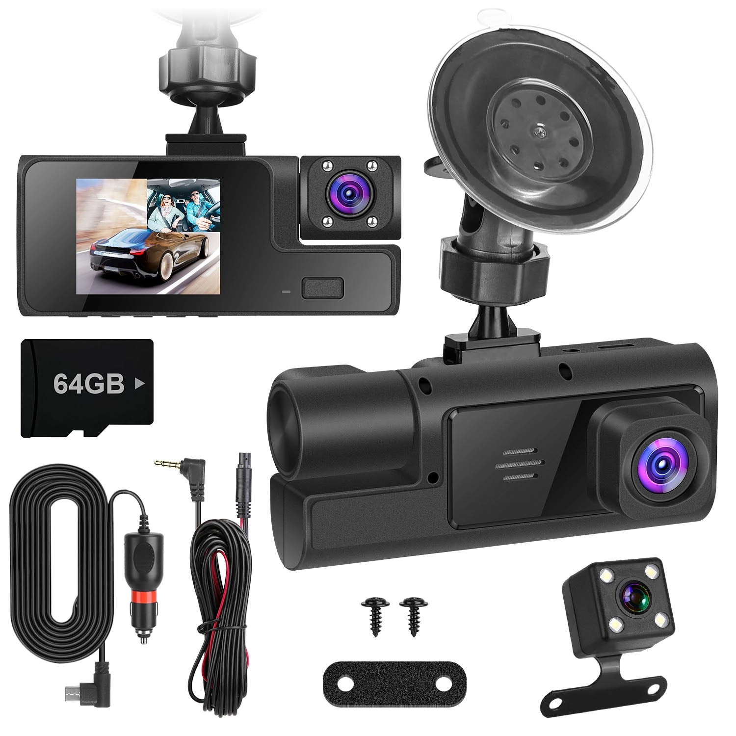 GBruno WiFi 3-Channel Car Dash Cam With 64GB Card