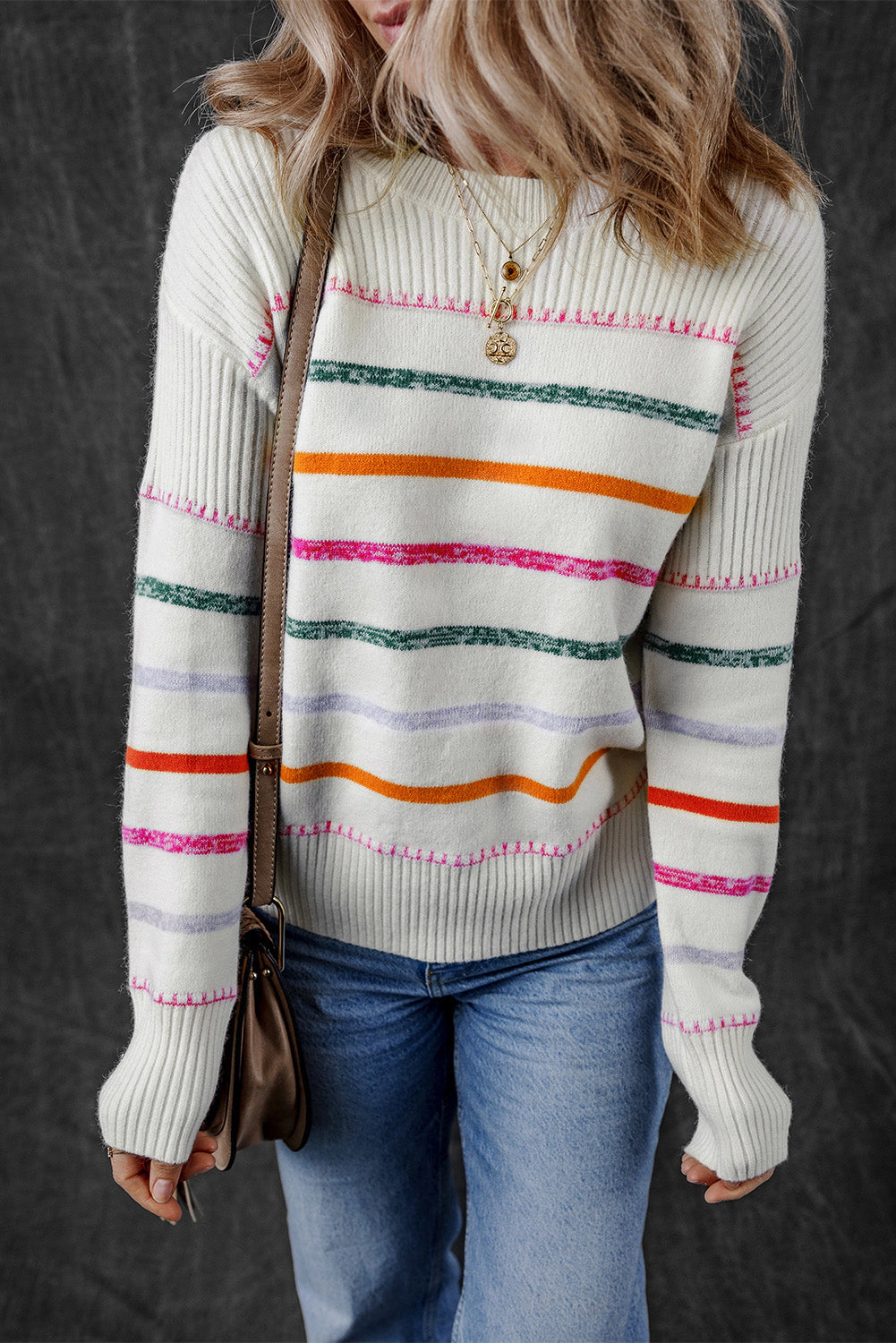 Threaded Pear Women's Sophia Striped Ribbed Trim Sweater