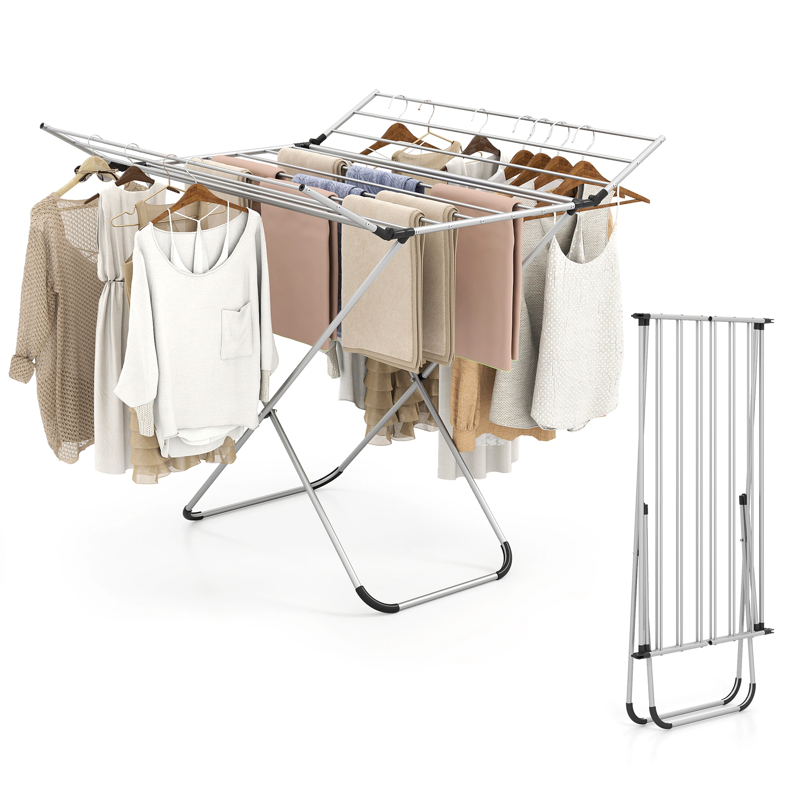 SUGIFT Silver Folding Aluminum Clothes Drying Rack with 2 Side Wings 14 Rods and 60-ft Hanging Space