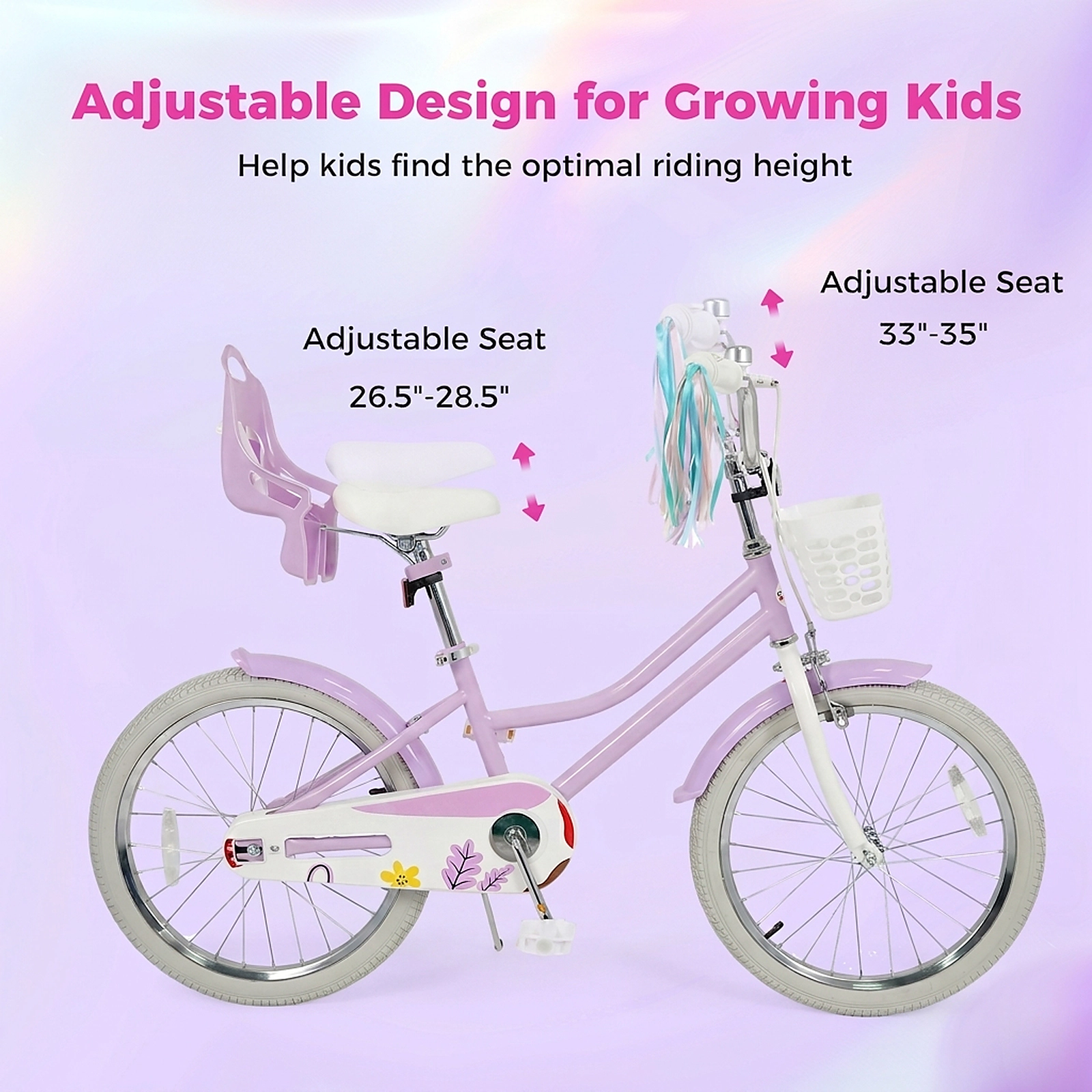SUGIFT 20-in 166-lb Capacity Girls Bike with Doll Seat Streamers Kickstand and Dual Brake System