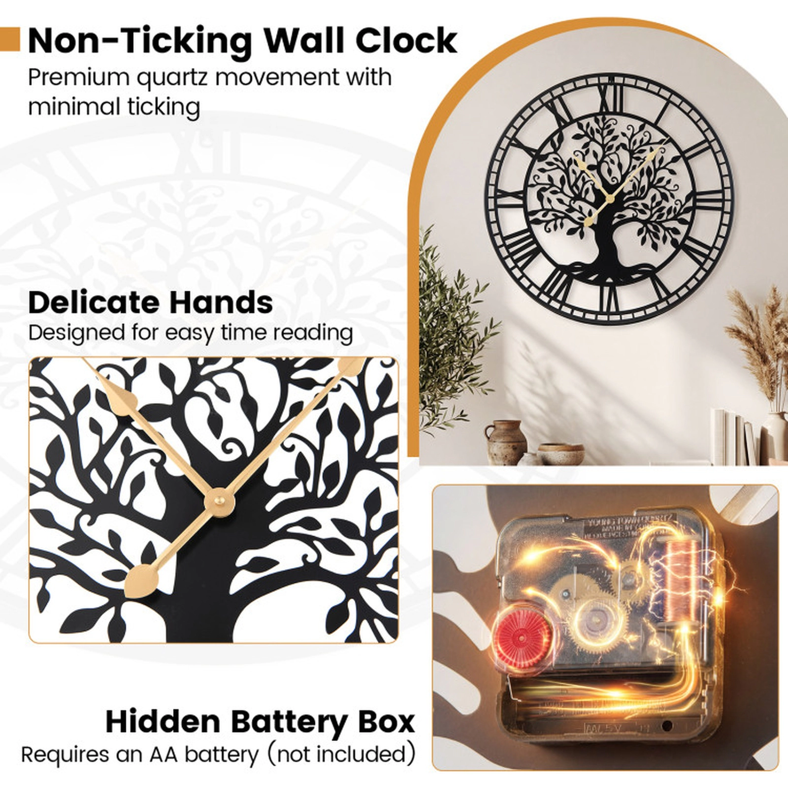 SUGIFT 27-in Tree of Life Metal Wall Clock with Non-Ticking Quartz Movement Black