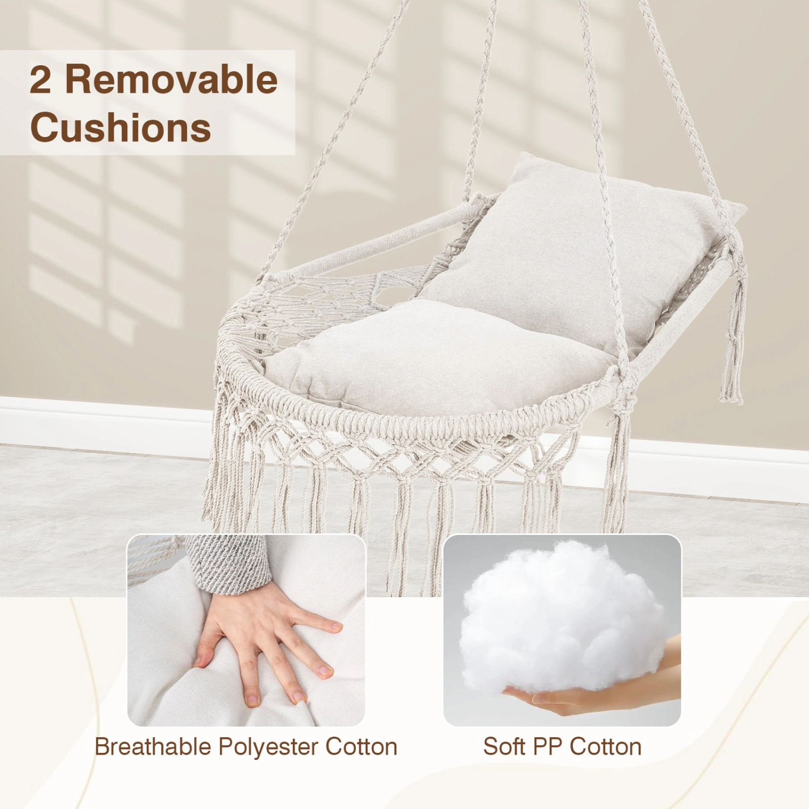 SUGIFT Macrame Swing Chair Beige Hammock Chair with 2 Removable Cushions