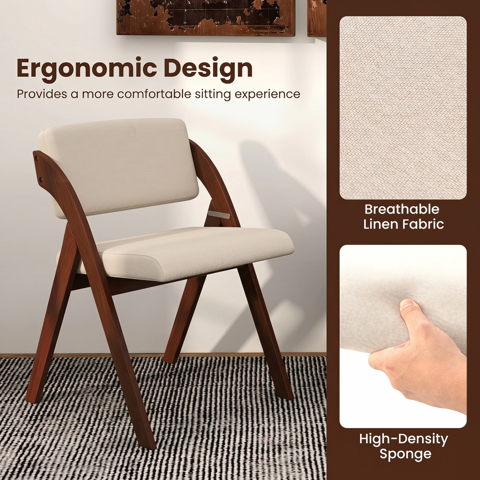 SUGIFT Set of 2 Folding Kitchen Dining Chairs with Rubber Wood Legs 355-Lb Capacity 21-in Wide Seat Walnut & Beige