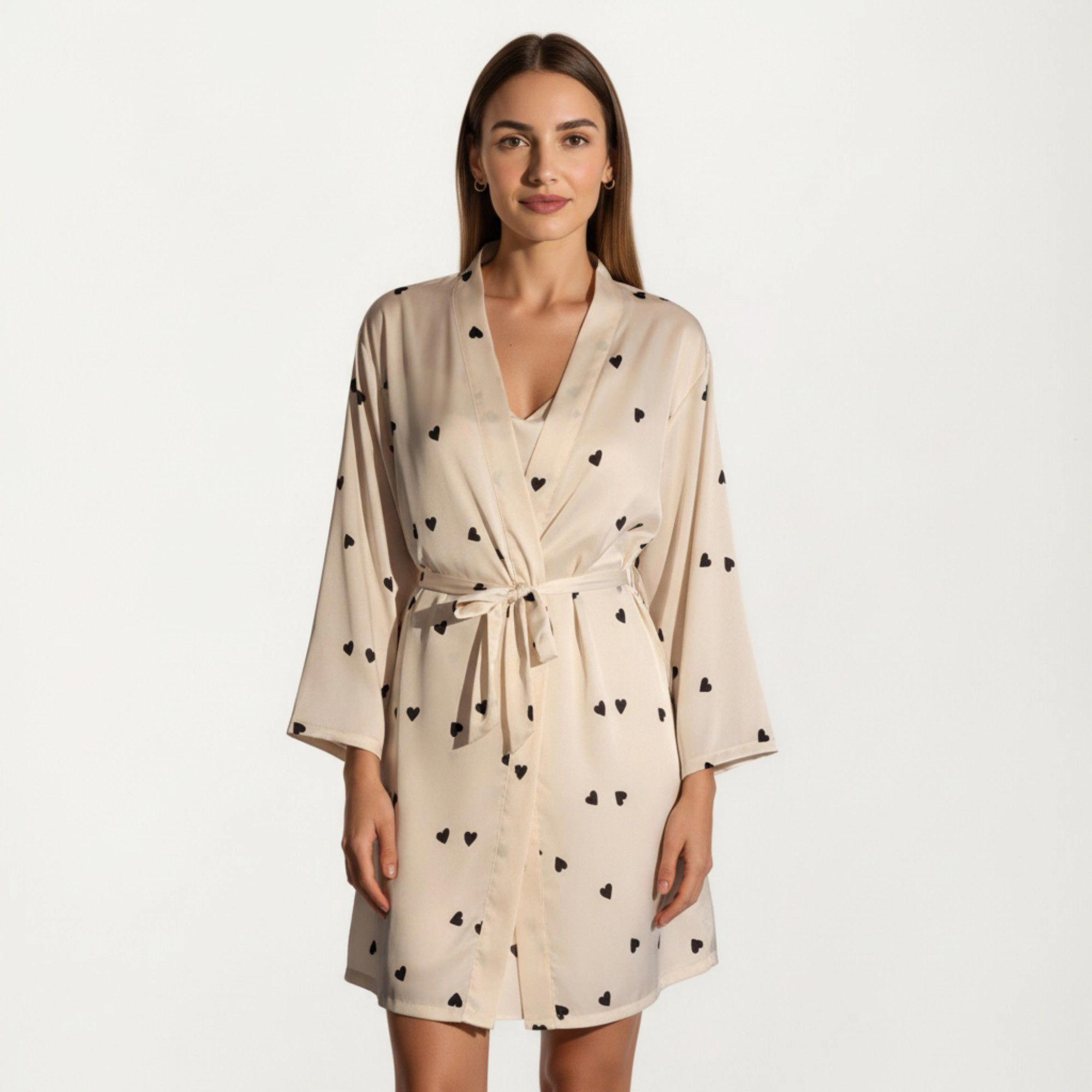 Anna-Kaci Women's 2-Piece Satin Polka Dot Slip Dress with Spaghetti Straps and Matching Tie Waist Robe Layer