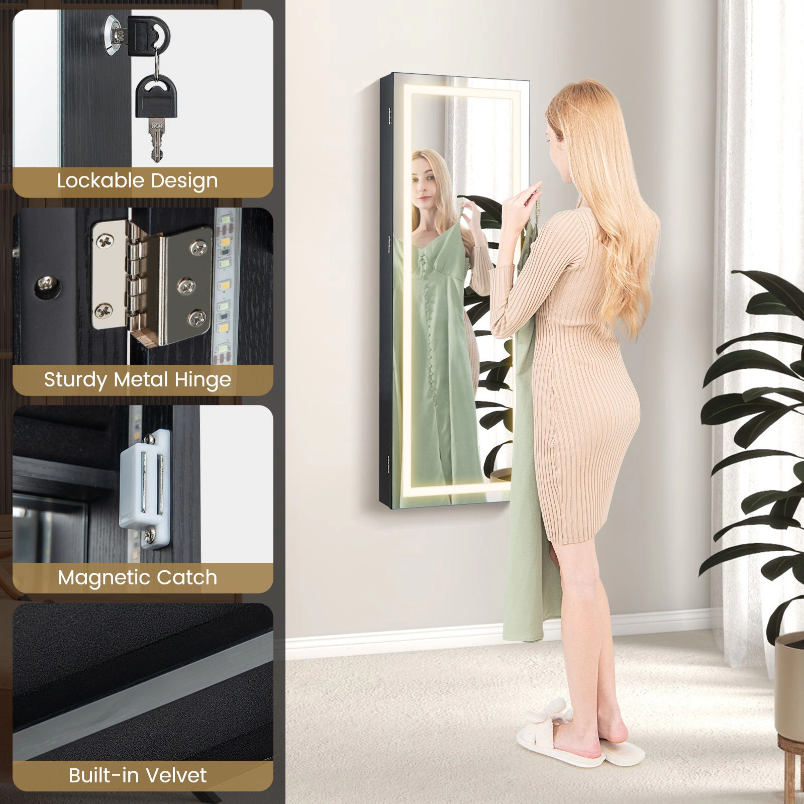 SlickBlue Women Lockable Jewelry Mirror Cabinet with LED Lights