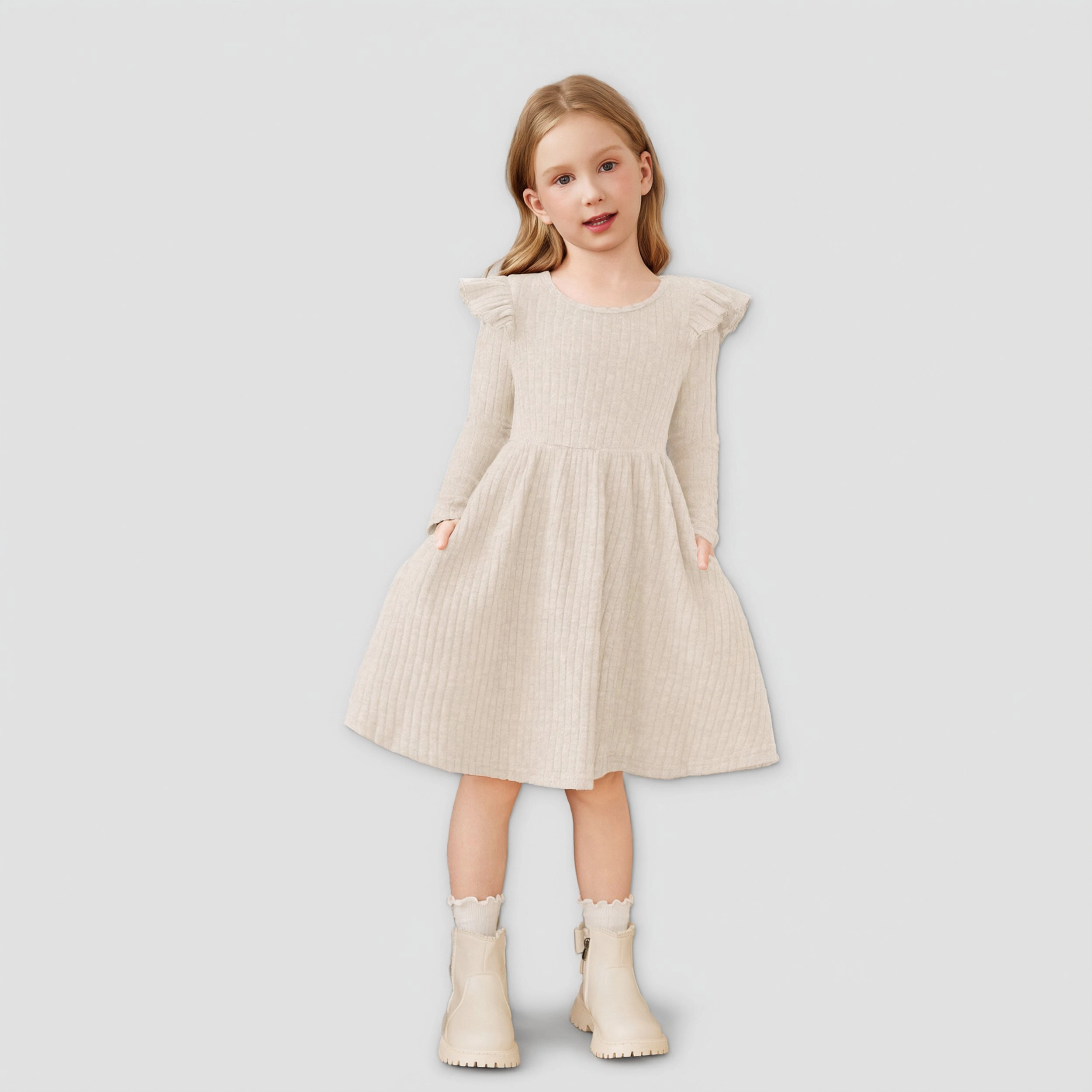 Arshiner Toddler Girl Dress Baby Girls Knitted Ruffle Sleeve Pocket Dresses Aline Flared Fall