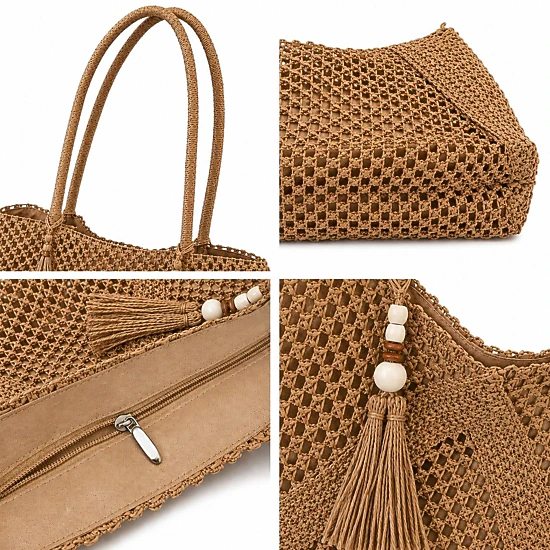 Alilang Women's Open Weave Beach Tote Bag with Zip Closure Rope Handles and Tassel Accent, Beige