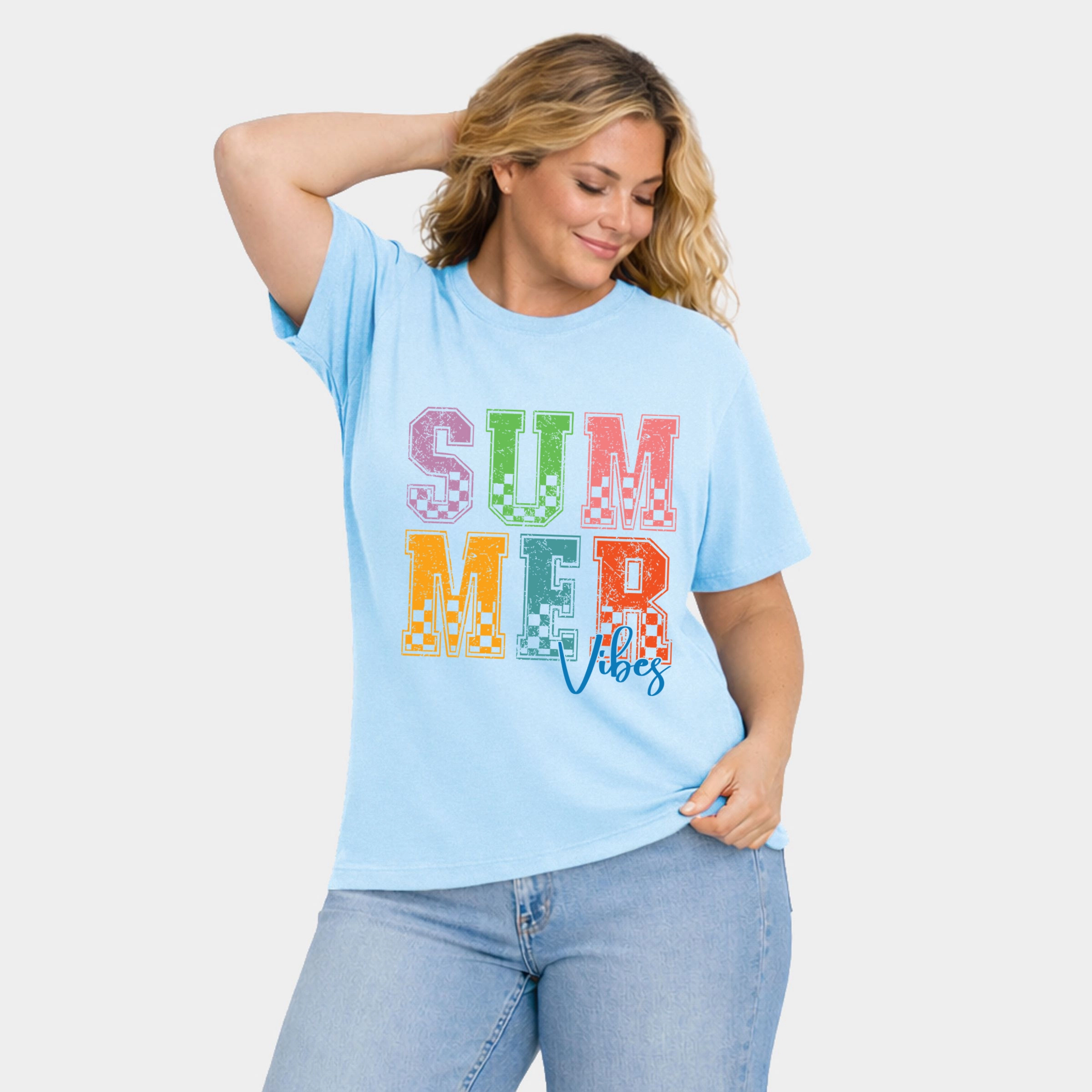 Simply Sage Market - Summer Vibes Checkered Women's Plus Sized Garment Dyed Graphic T-Shirt