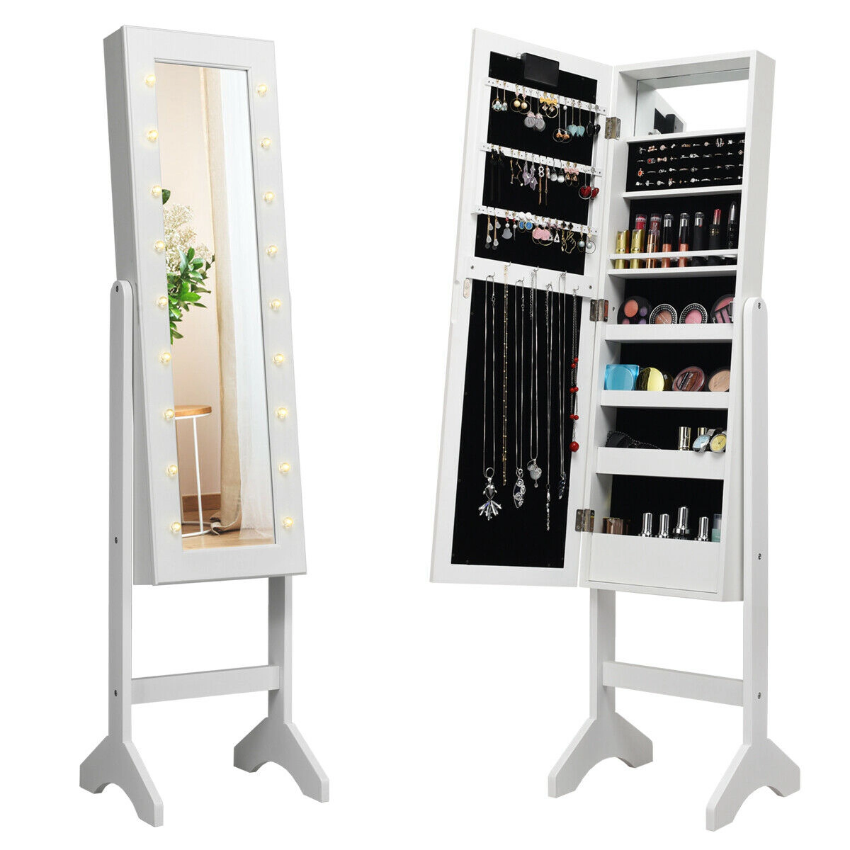 SUGIFT 57 in Mirrored Jewelry Armoire White Organizer Cabinet with 18 Marquee LED Lights