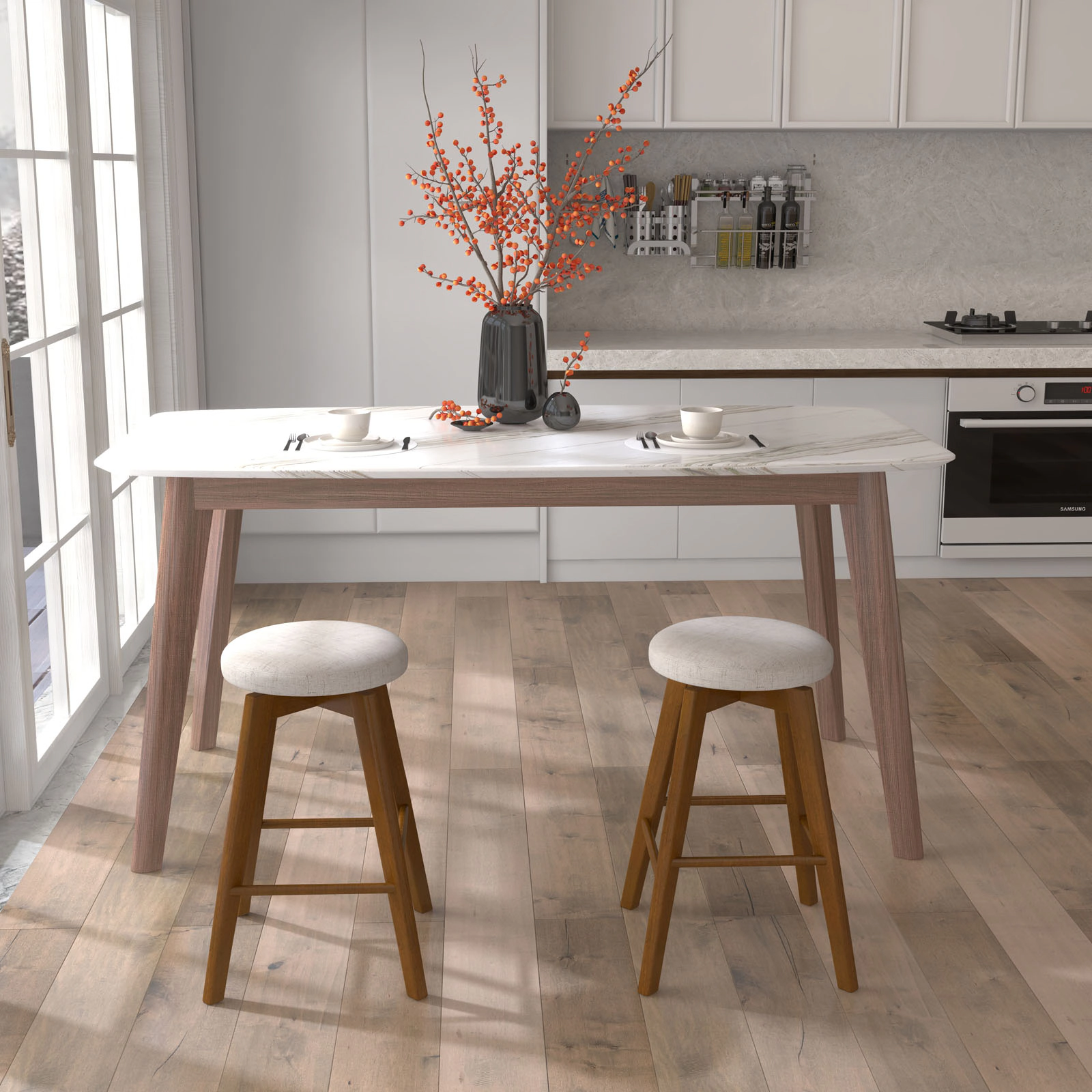 Glintex 2-Piece 26-Inch Backless Swivel Counter Stool Set with Linen Seat, Beige + Brown