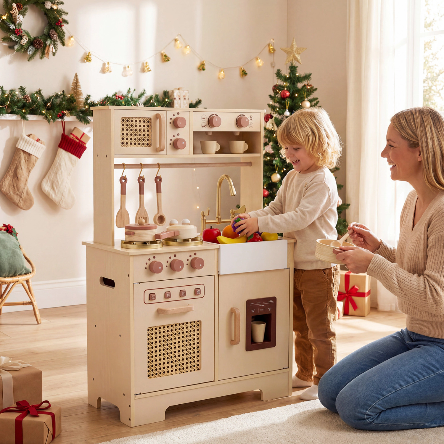 LJG Chef Pretend Play Kitchen for Kids with Realistic Lights and Sounds