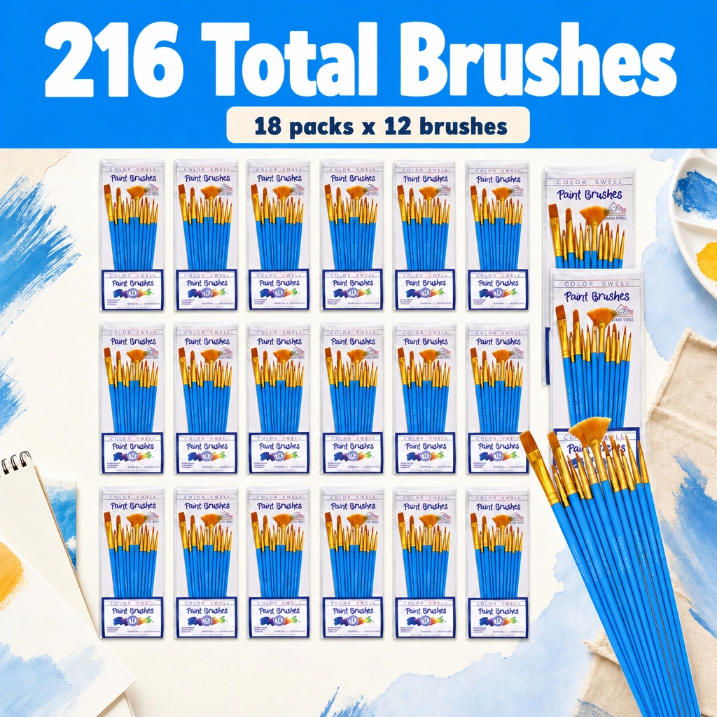 Color Swell Bulk Paint Brushes, 18 Pack, 12 Brushes per Pack (216 Total)