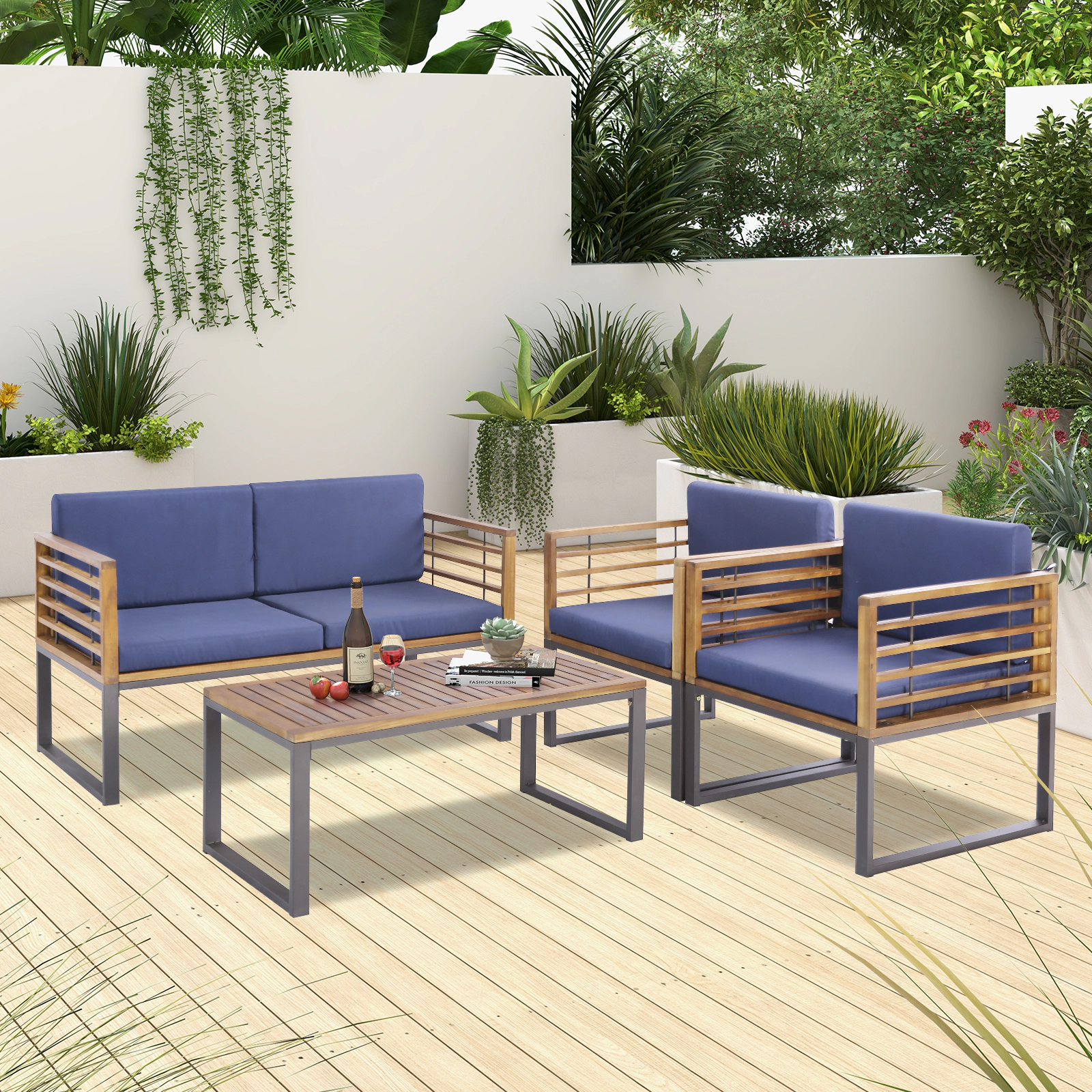 LJG 4 Piece Patio Acacia Wood Conversation Set with Soft Seat
