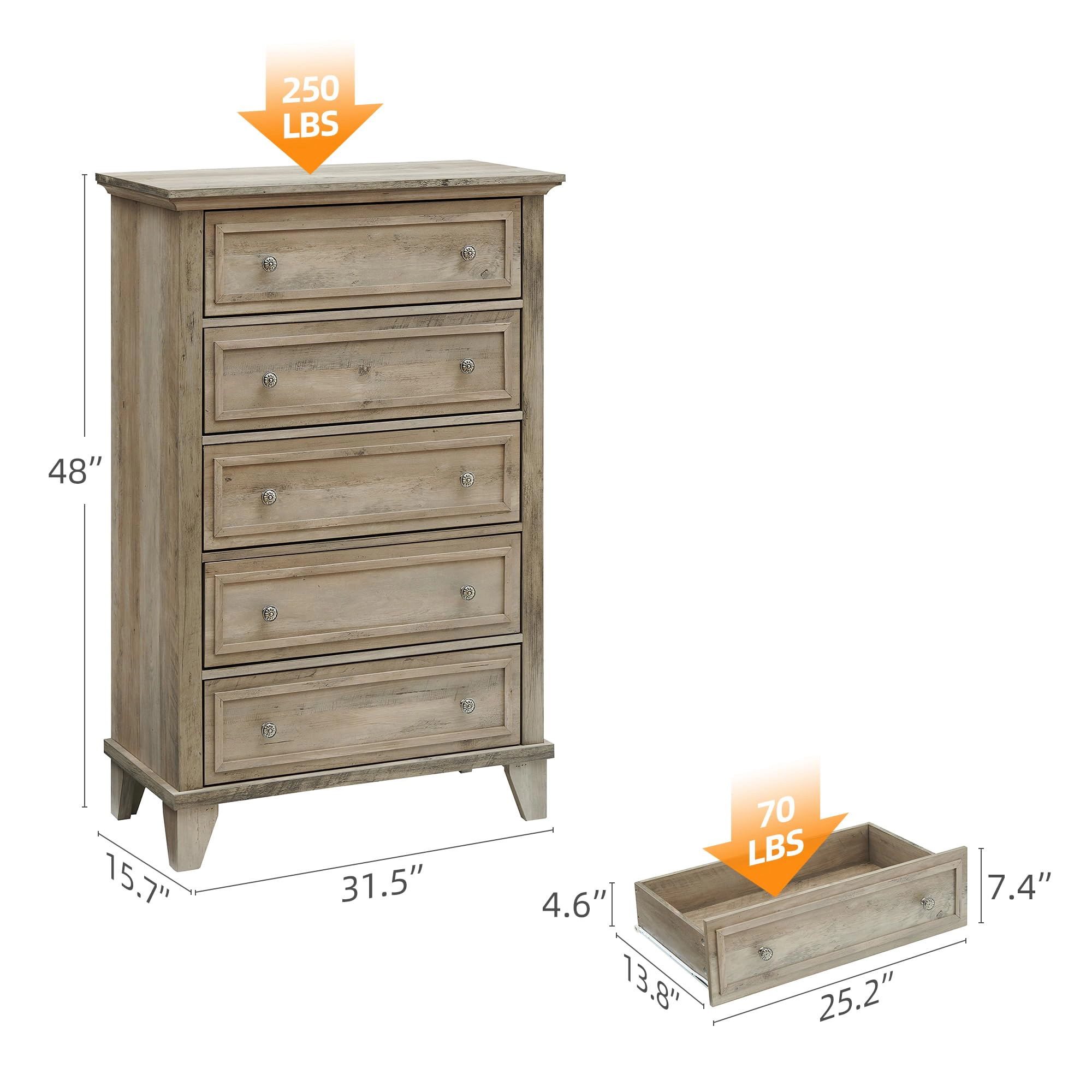 5 Drawer Modern Wood Dresser with Metal Handles, 48" Tall Storage Chest for Bedroom Entryway Hallway
