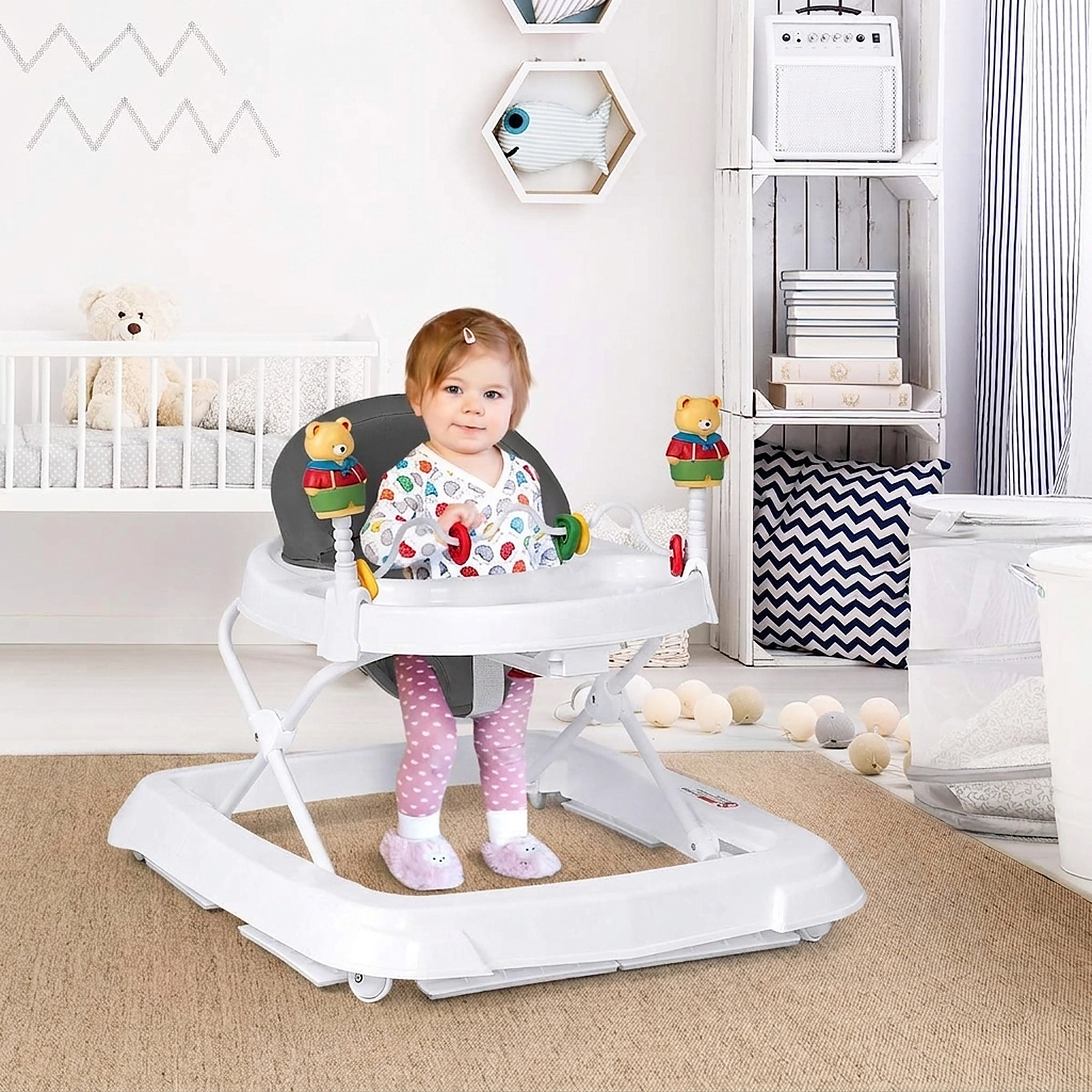 SUGIFT Gray 3 Adjustable Heights and Detachable Padded Seat Foldable Baby Walker
