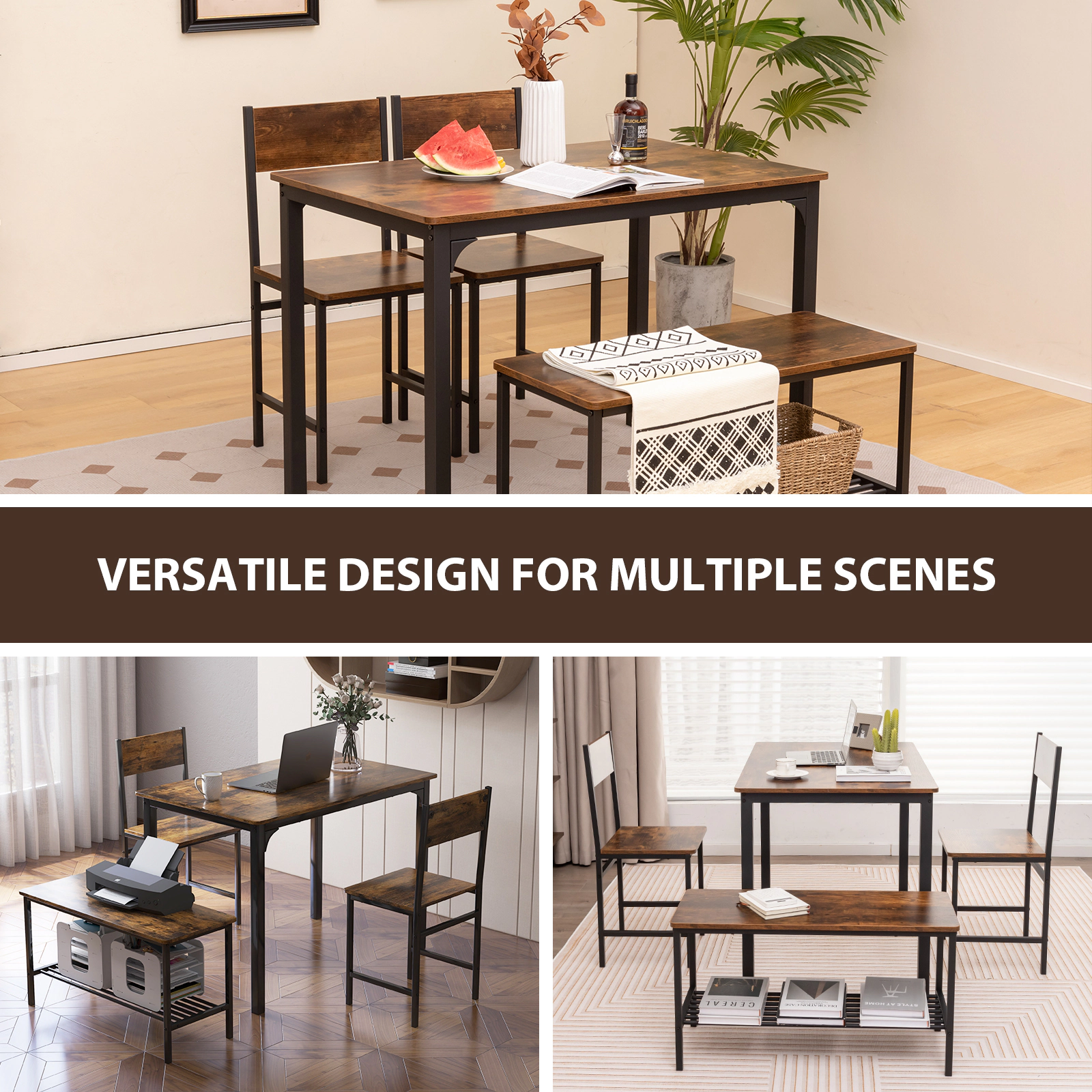 SUGIFT Rustic Brown 2 Chairs Storage Bench and Steel Frame 4-Piece Rustic Dining Table Set