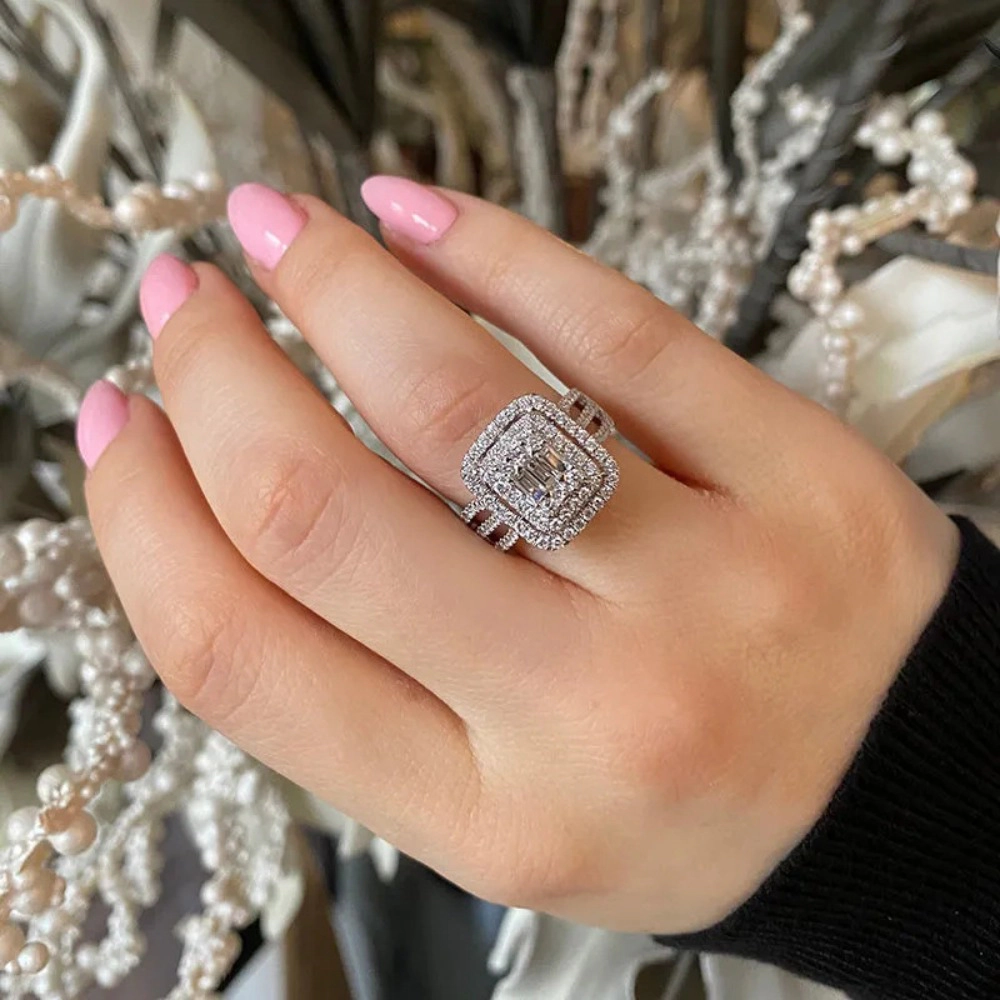 Wardrobe Whimsy Emerald Cut Cubic Zirconia Double Halo Split Shank Engagement Ring for Women