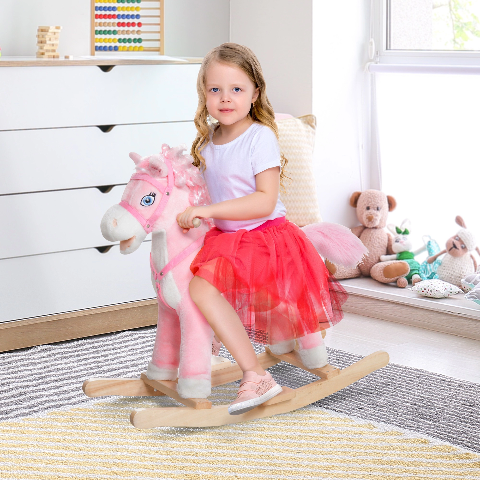 HONGGE Plush Pink Pony Rocking Horse Toy with Neighing Sounds & Long Hair, Holds up to 88 lbs, Ages 3+