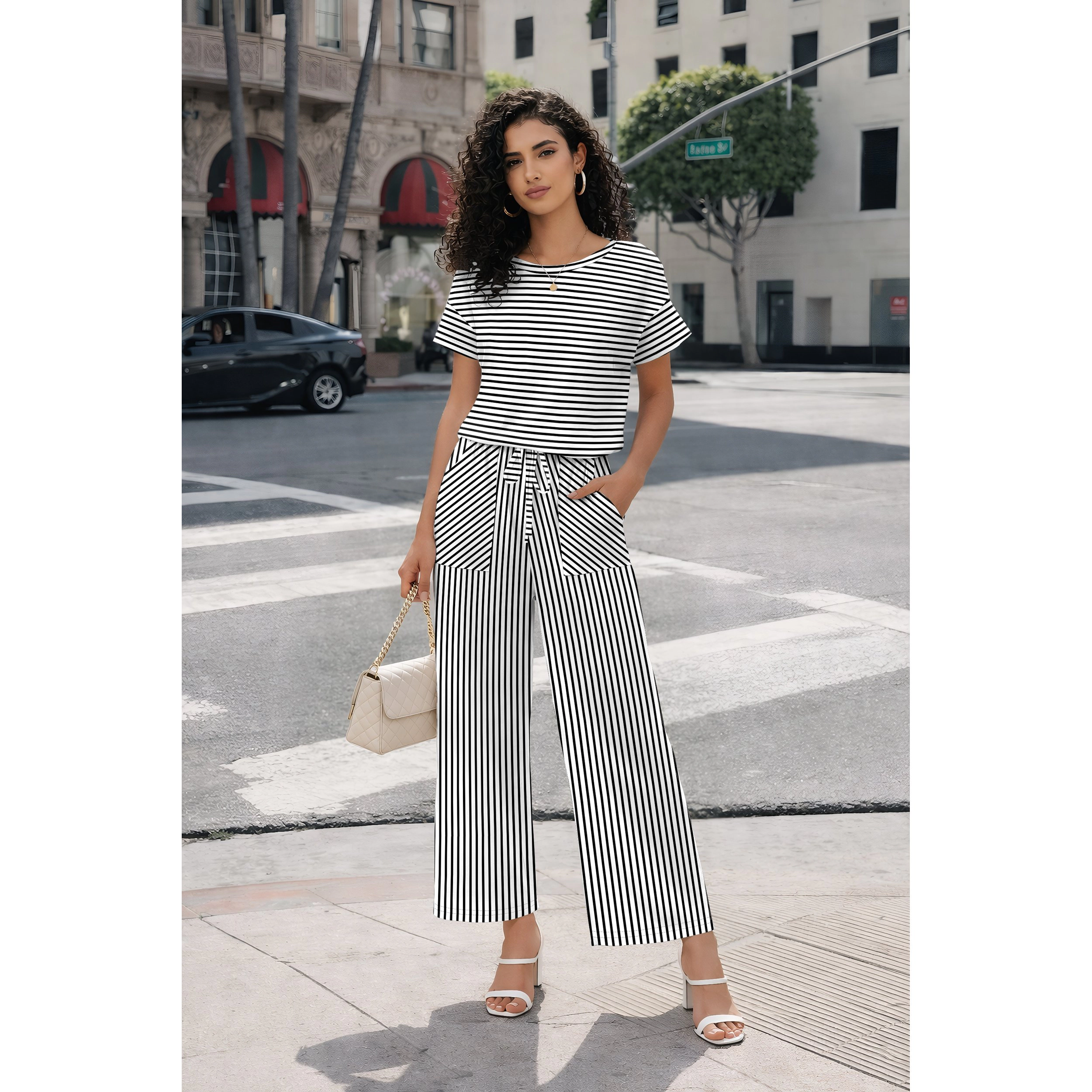 Ekouaer Women's Striped Round Neck Top & Wide Leg Pants 2 Piece Set