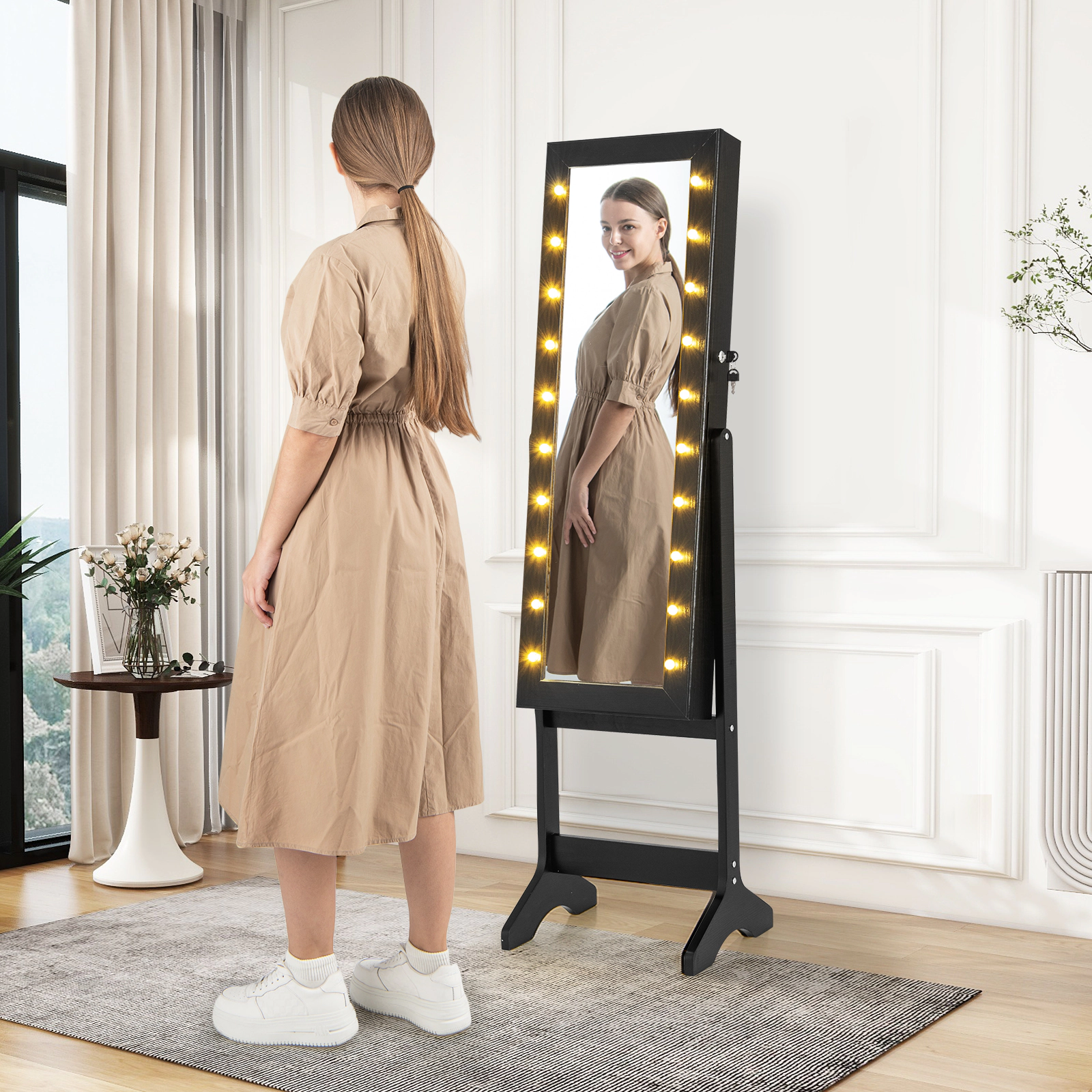 SUGIFT 61.5-in Black Full-Length Mirror Jewelry Armoire with 20 Warm Lights 4 Tilt Angles and Velvet Lining
