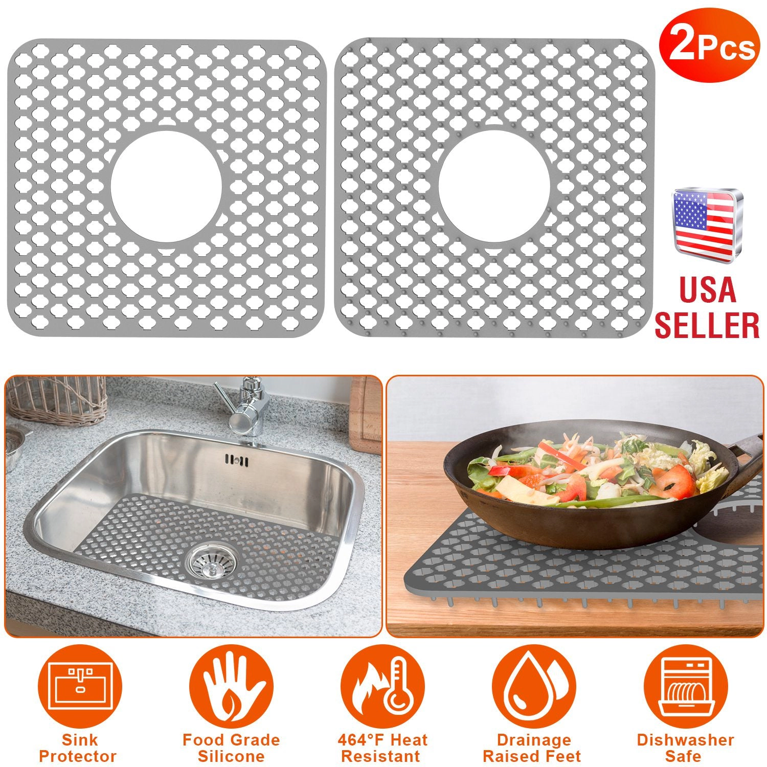 GBruno 2-Piece Silicone Sink Mat With Drain Hole