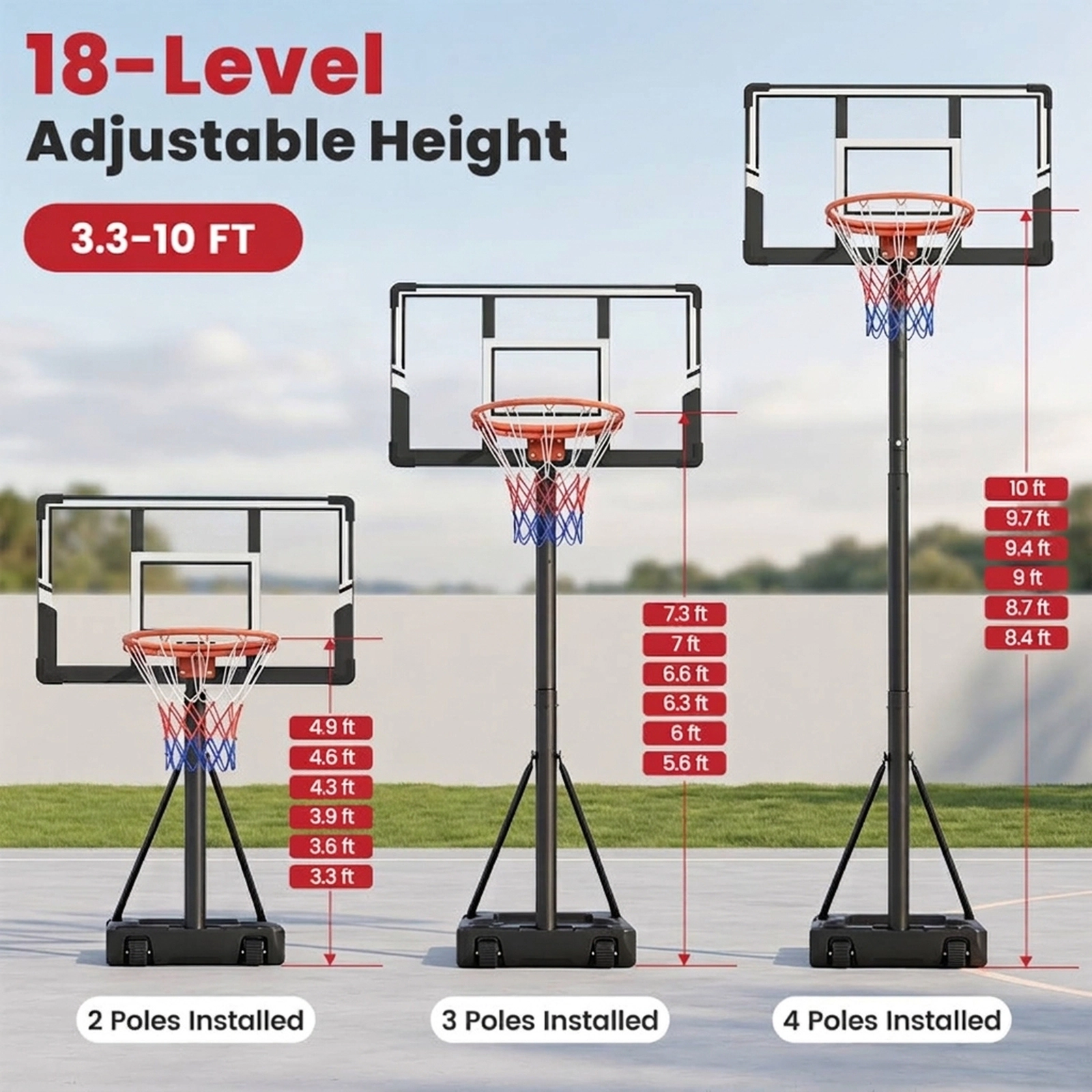 SUGIFT 18-Level Adjustable Portable Basketball Hoop 3.3-10 ft with Fillable Base and Wheels Black & White