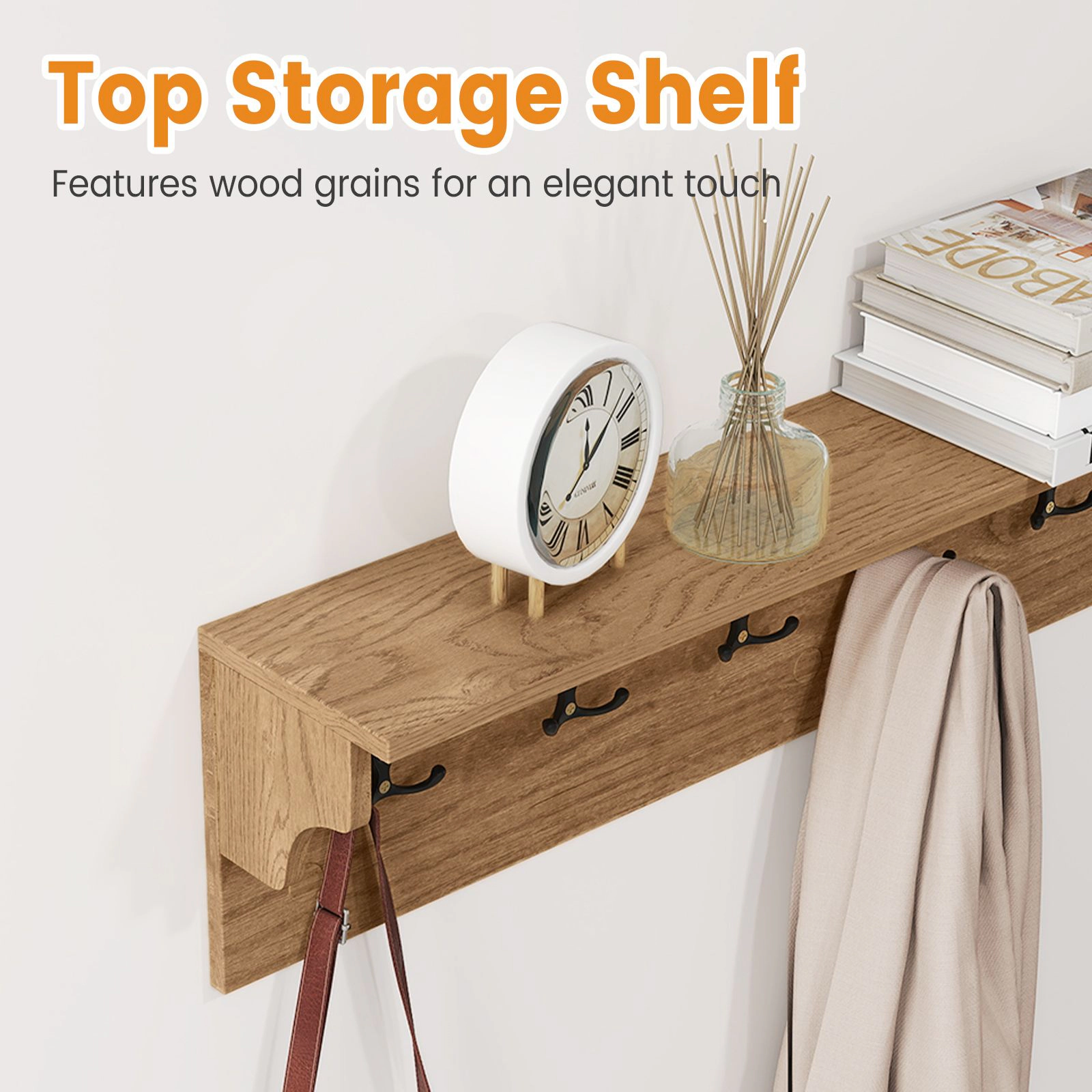 SlickBlue 31.5 Inch Wall Shelf with Hooks Wooden Coat Rack for Entryway