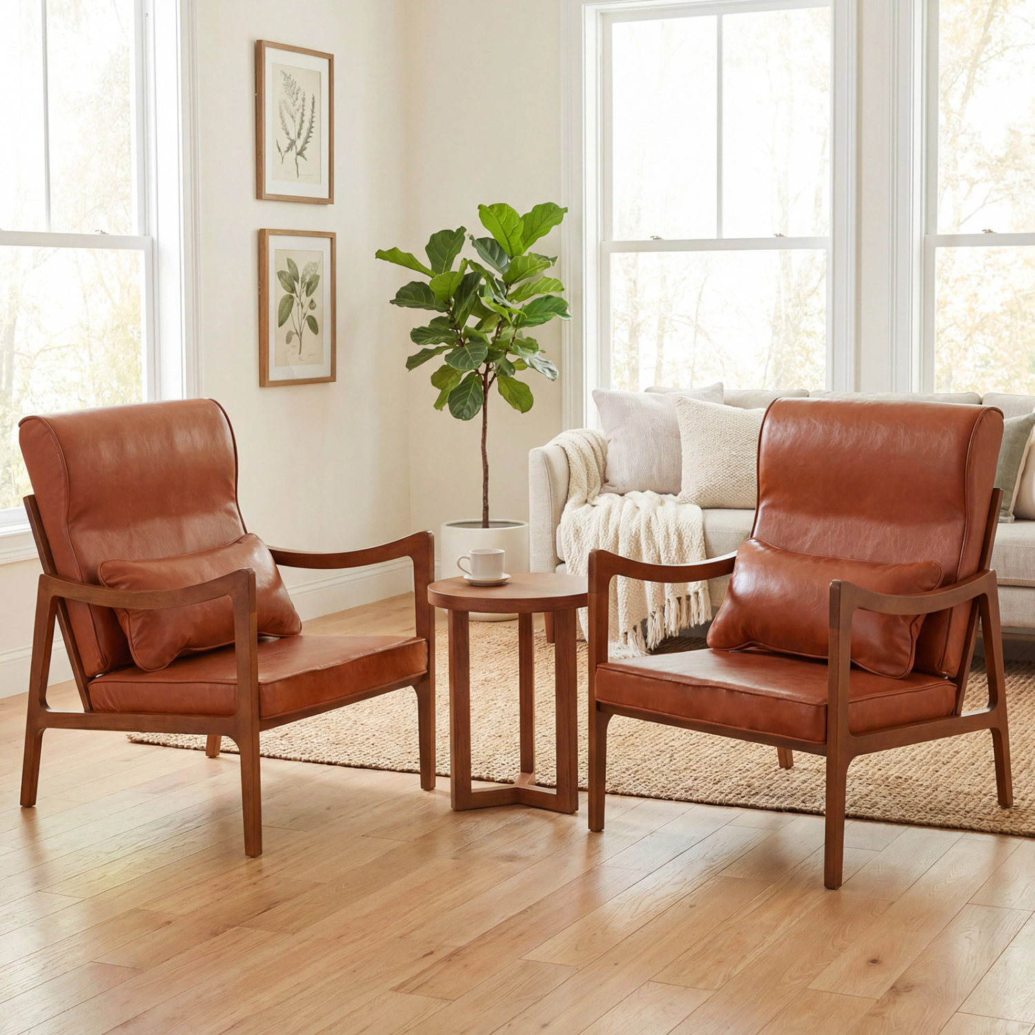 LJG Modern Accent Chair with Solid Rubber Wood Faux Leather Upholstered Armchair