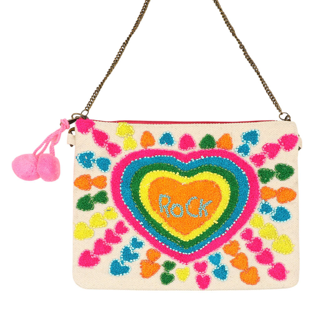 FASHNZFAB Boho Rainbow Heart Pom Pom Clutch Bag / Crossbody Bag