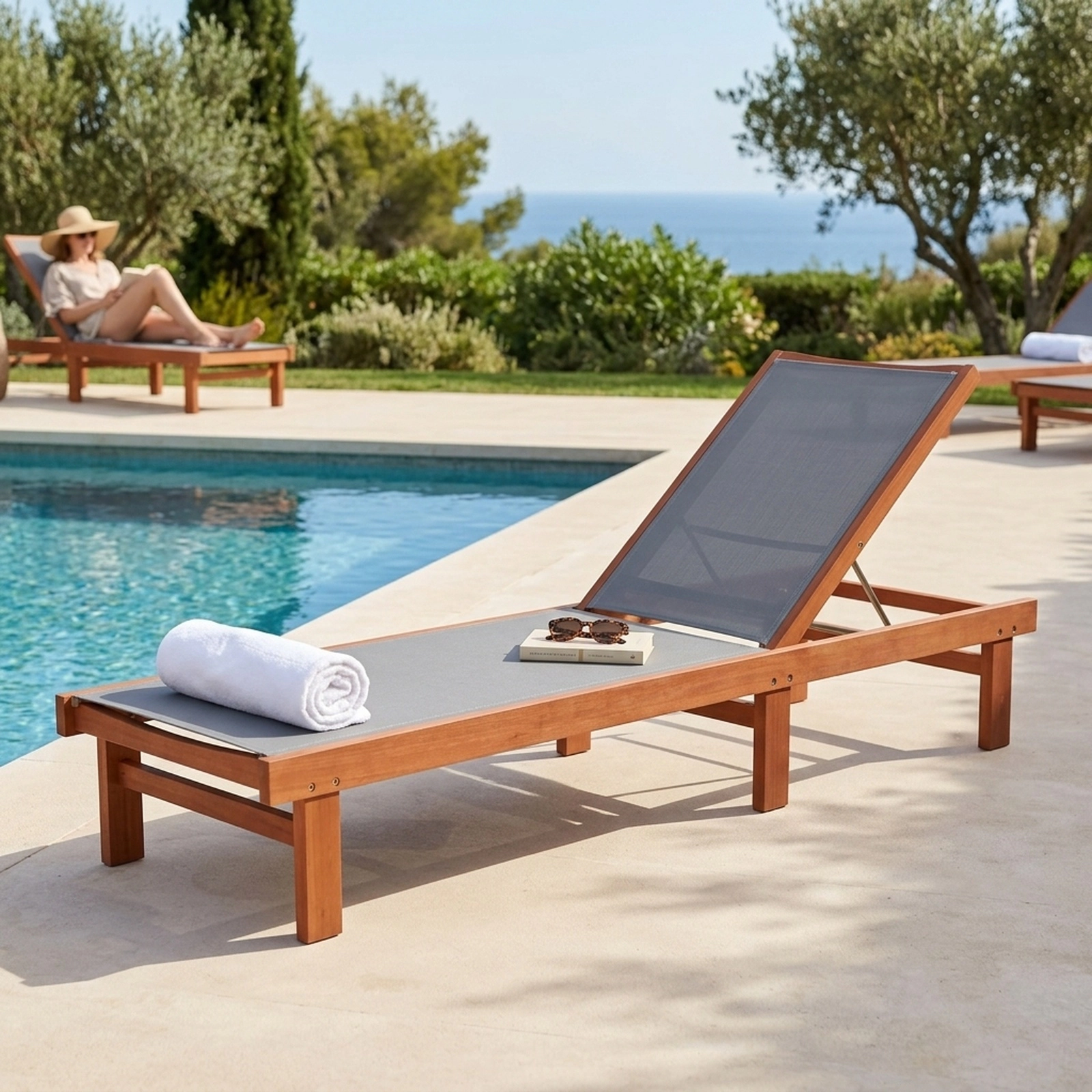 SUGIFT Outdoor Eucalyptus Wood Chaise Lounge Chair, 5-Position Adjustable Backrest, Quick-Dry Sling Seat