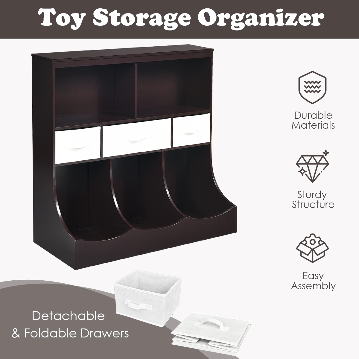 SUGIFT Freestanding Combo Cubby Bin Toy Storage Organizer with 3 Baskets 66-lb Top Capacity Brown/Gray/White