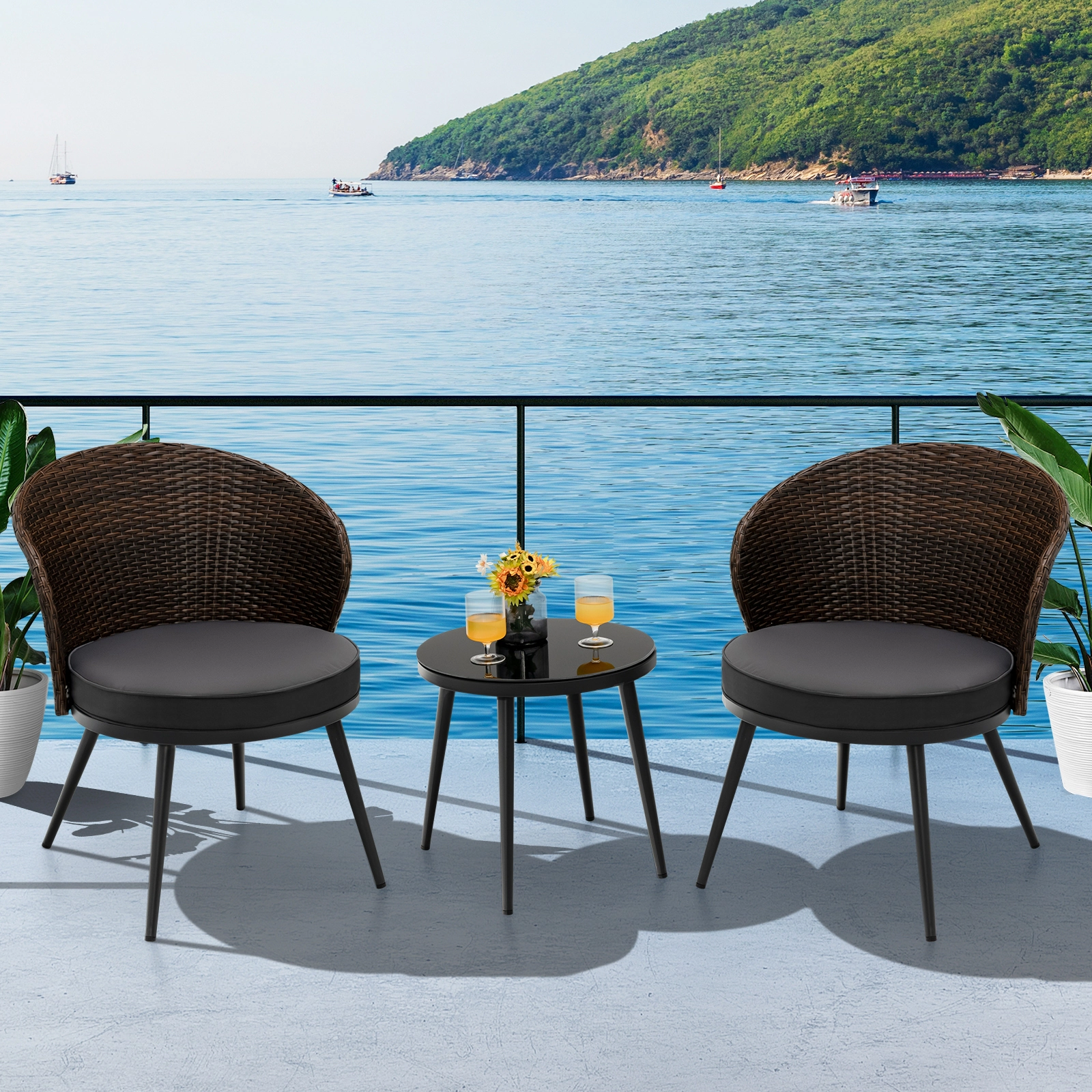 SUGIFT Patio Rattan Bistro Conversation Set with Cushions and Tempered Glass Tabletop 330-Lb Chairs Mix Brown and Gray