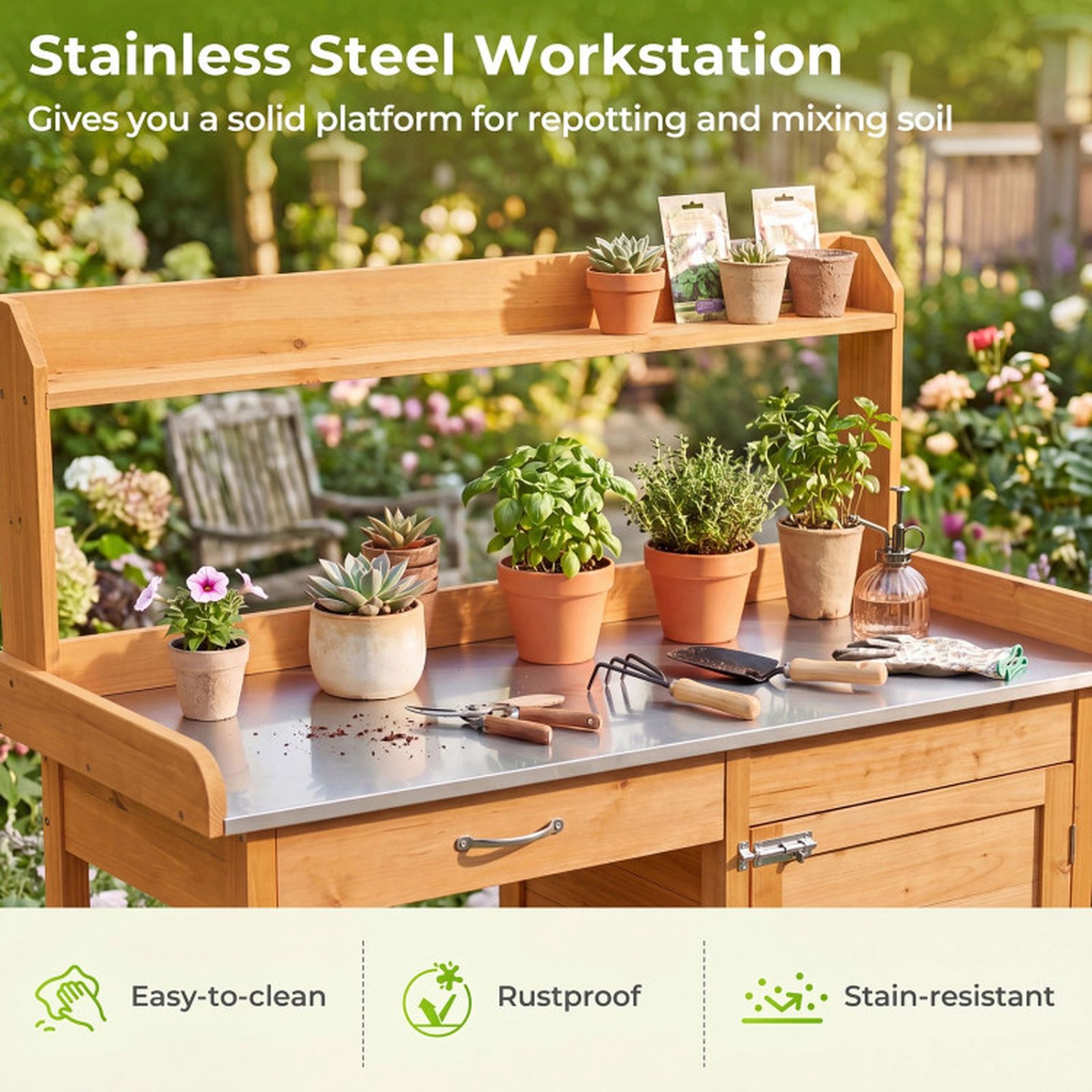 SUGIFT Natural Fir Wood Potting Bench Table with Metal Top Drawer and 3 Side Hooks 44-in W 18-in D 49.5-in H
