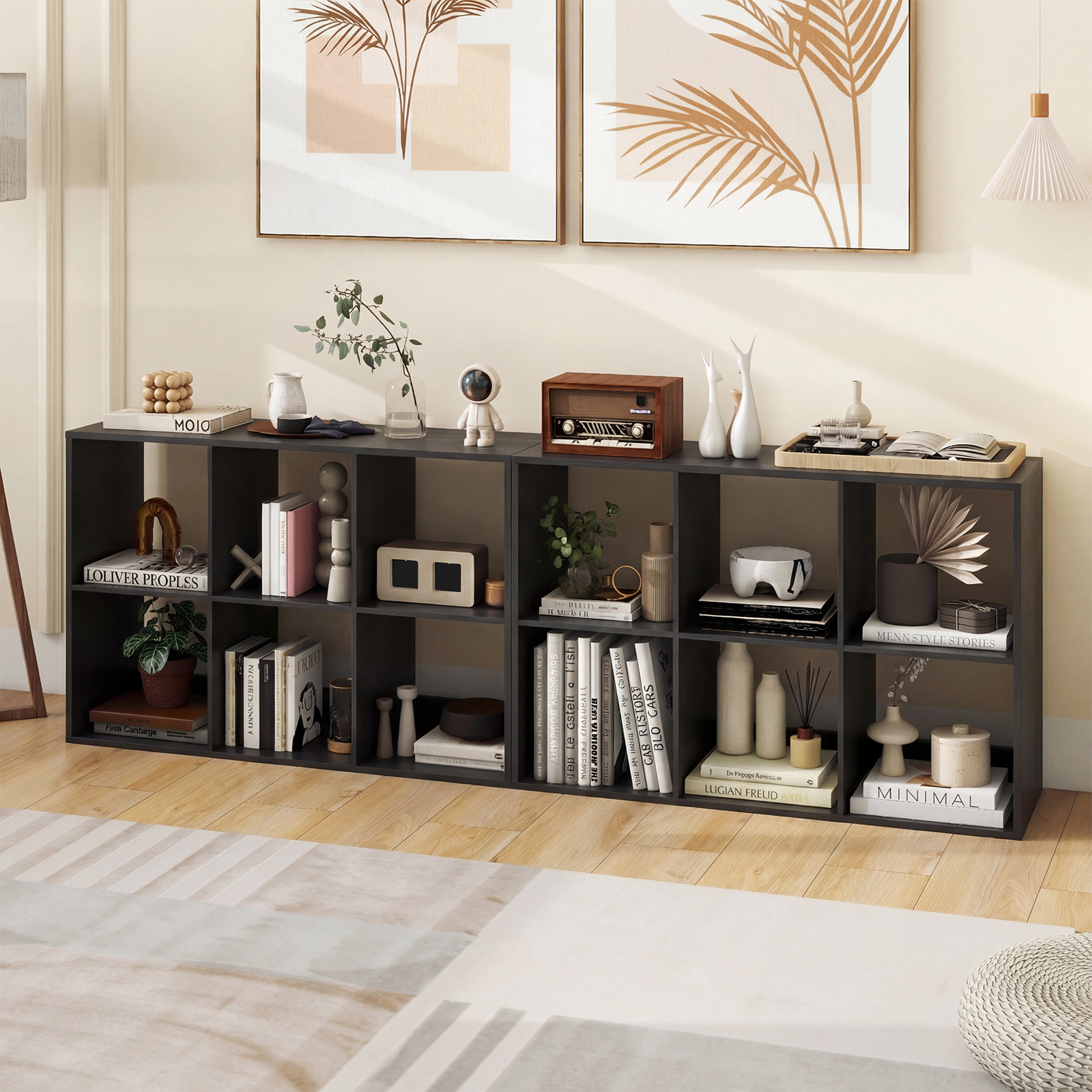 SUGIFT 6-Cube Engineered Wood Bookshelf with Back Guardrail 154-lb Tabletop Capacity 44-lb Cube Capacity Black