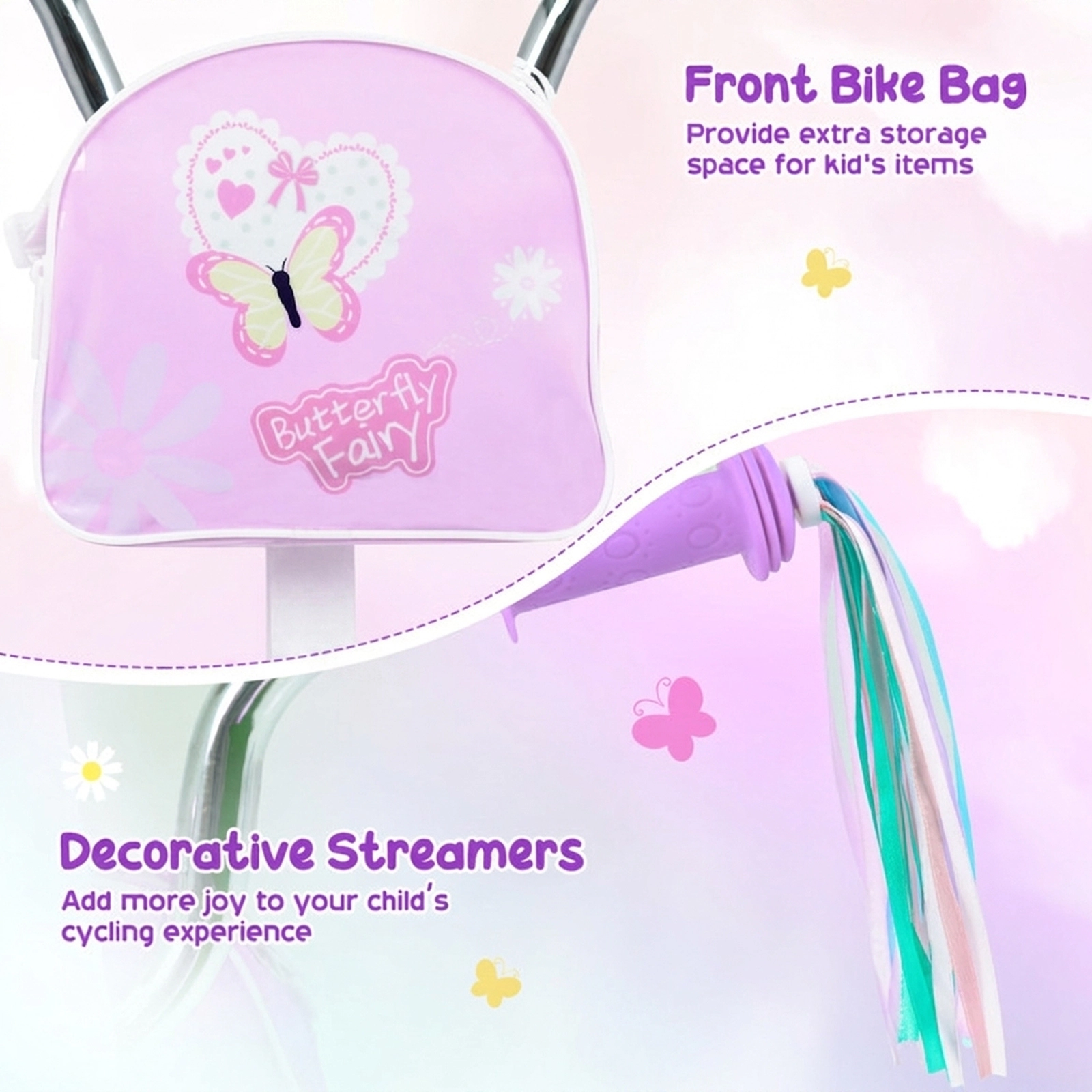 SUGIFT Adjustable 12-Inch Girls Bike with Front Bag, Streamers and Training Wheels 110-lb Seat Capacity Ages 3-4 Purple