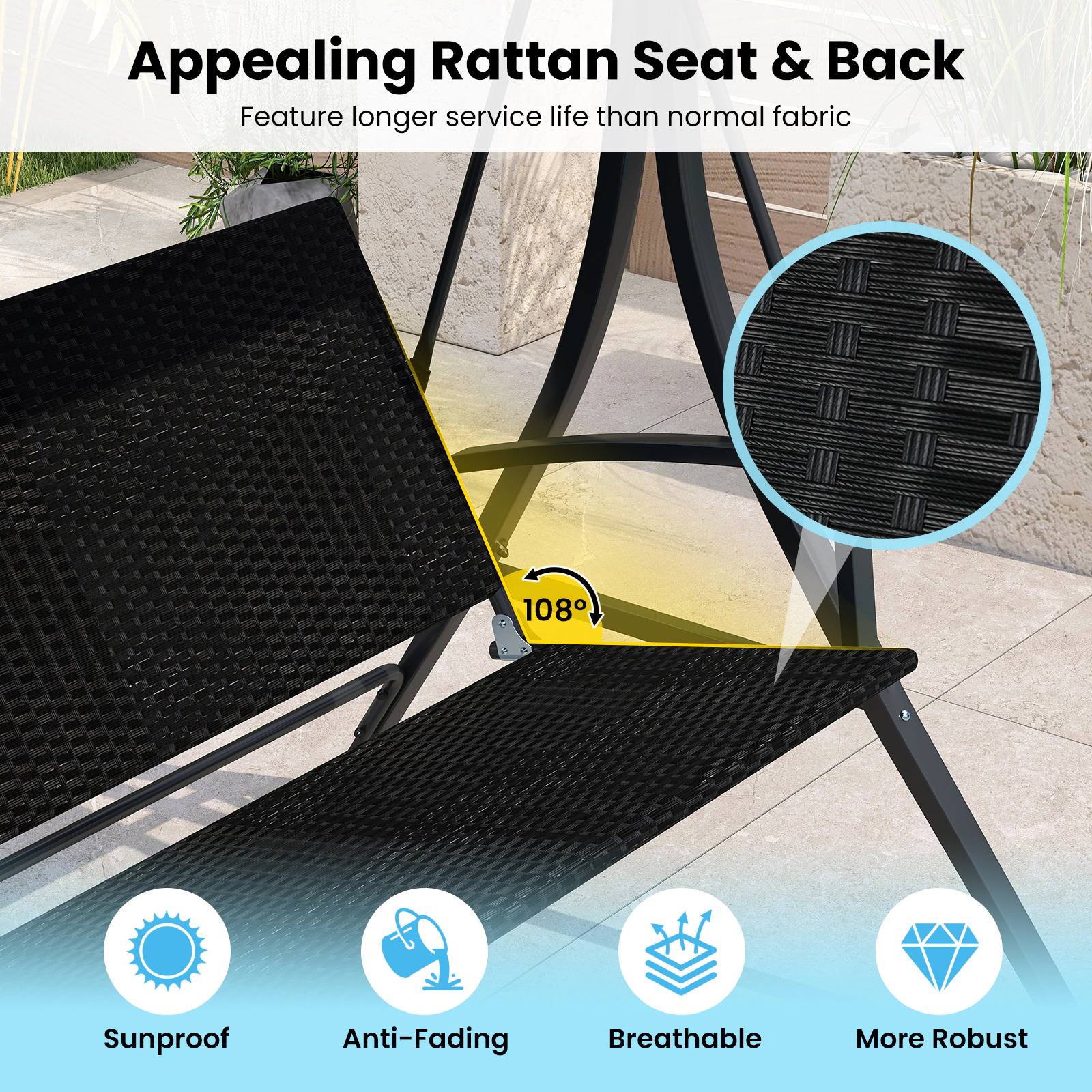 SUGIFT 3-Person Outdoor Porch Swing with Stand and Adjustable Canopy 1000-lb Capacity Rattan Seat Back Black