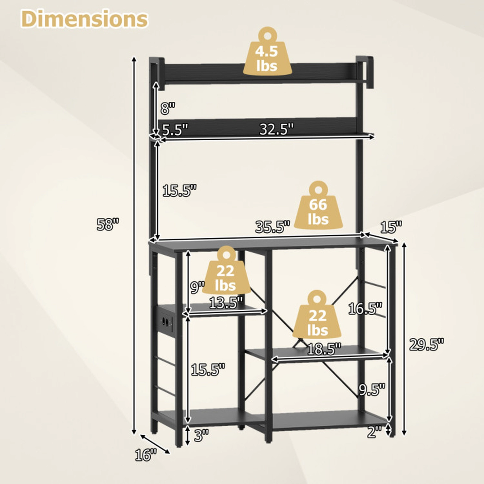 SUGIFT 5-Tier Kitchen Bakers Rack Black with Power Outlets USB Ports and LED Lights
