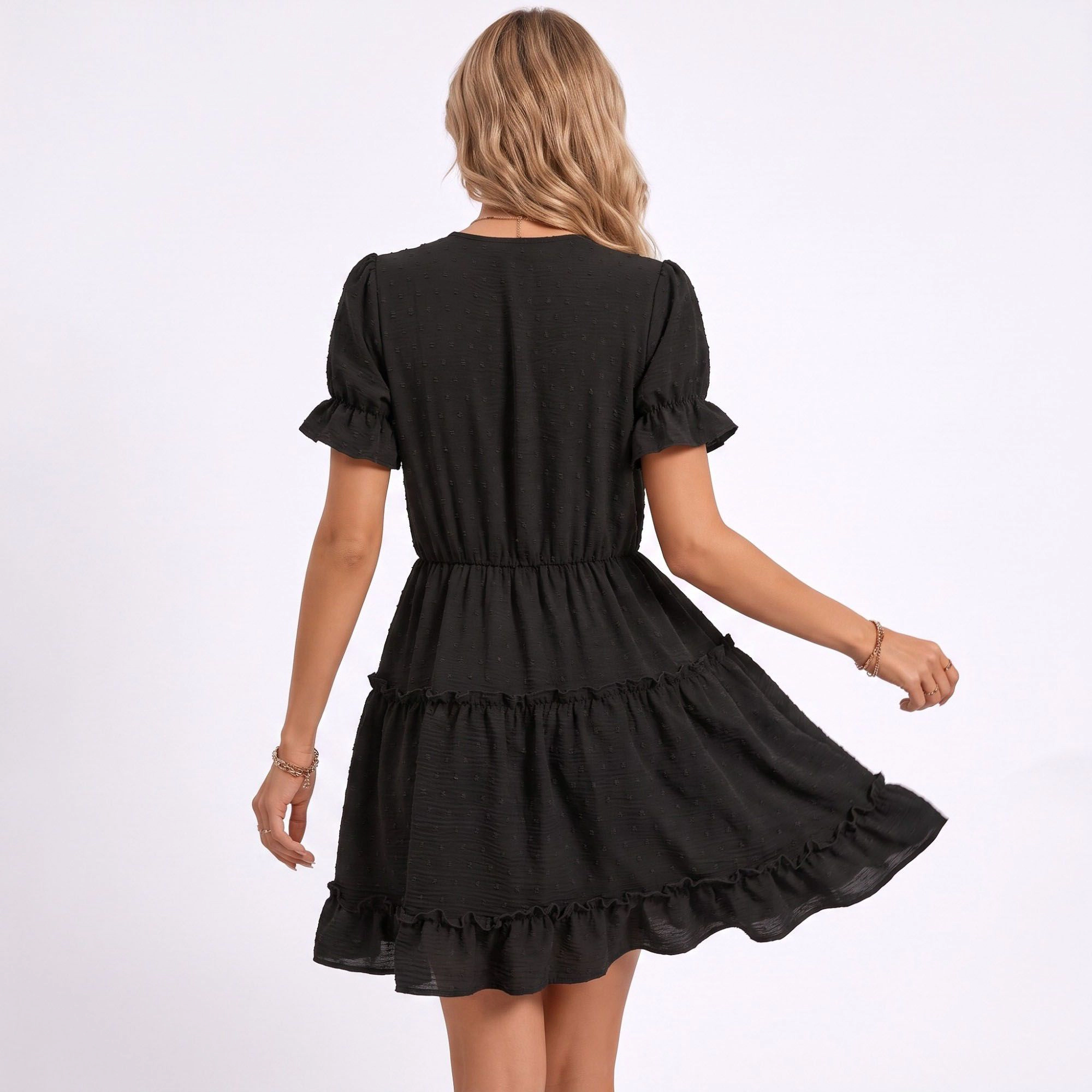 Anna-Kaci Women's Swiss Dot V-Neck Lace Trim Tiered Ruffle Mini Dress