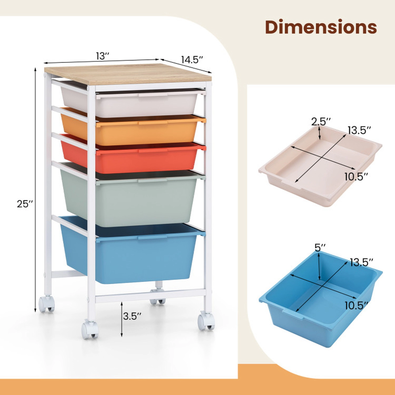 SUGIFT 5-Drawer Rolling File Cabinet Storage Cart with Wooden Tabletop 38-lb Capacity Natural + White/ Macaron