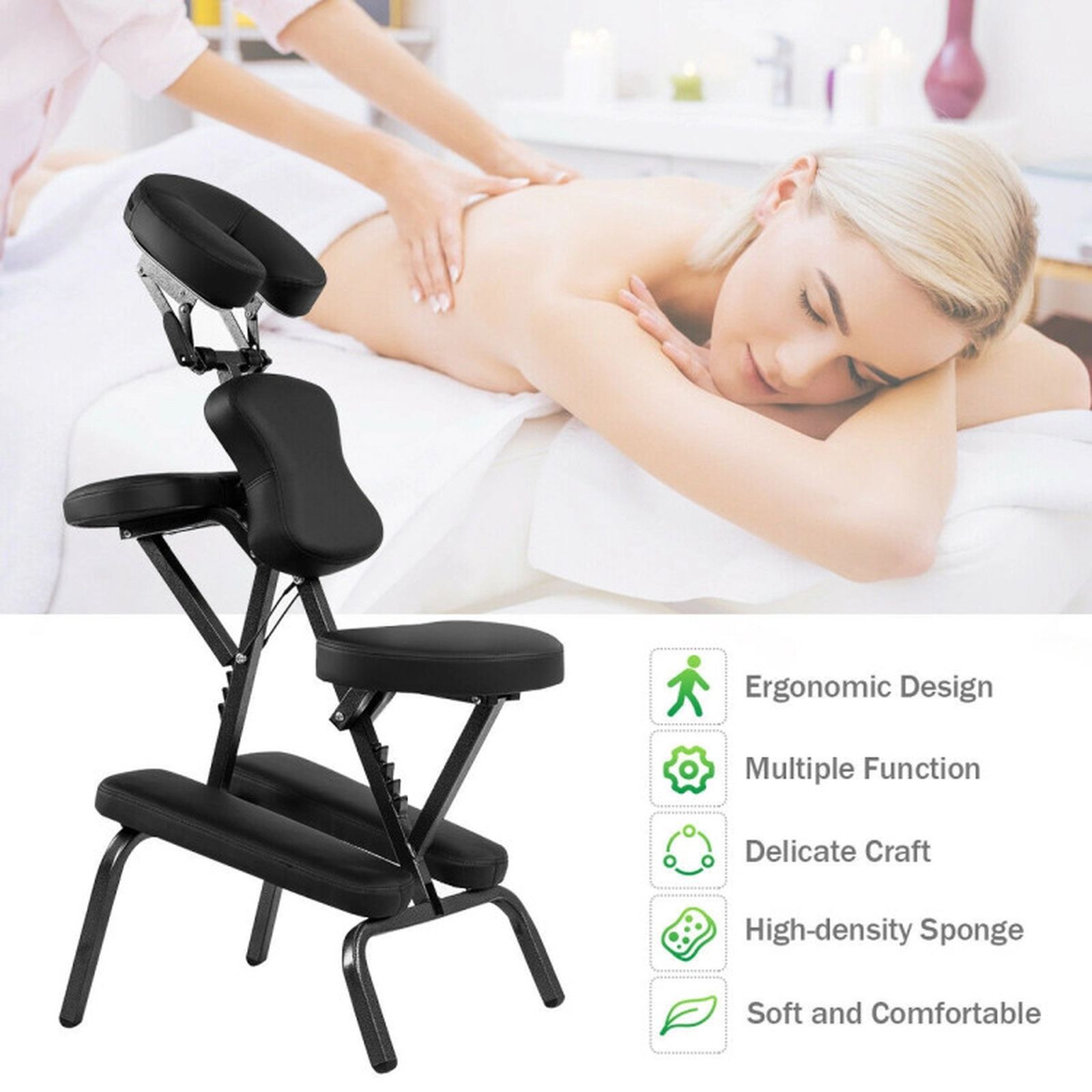 SUGIFT Foldable PU Leather Pad Travel Massage Chair 350-lb Capacity Adjustable 19-in Wide Black/White with Carrying Bag