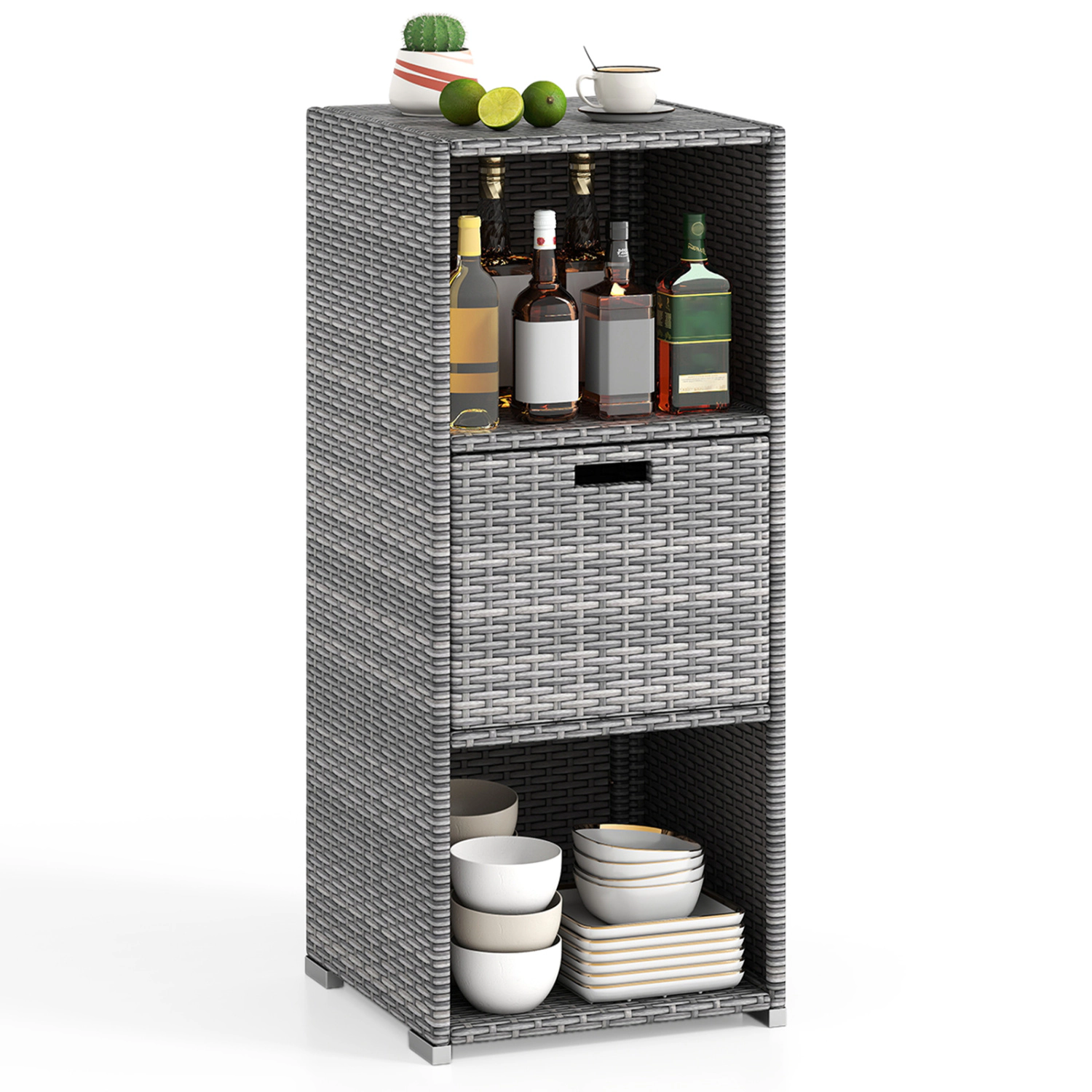 SUGIFT Hand-Woven PE Rattan Outdoor Storage Cabinet Removable Drawer 3 Shelves 43-in Tall 19.5-in Wide 27.5-lb Gray
