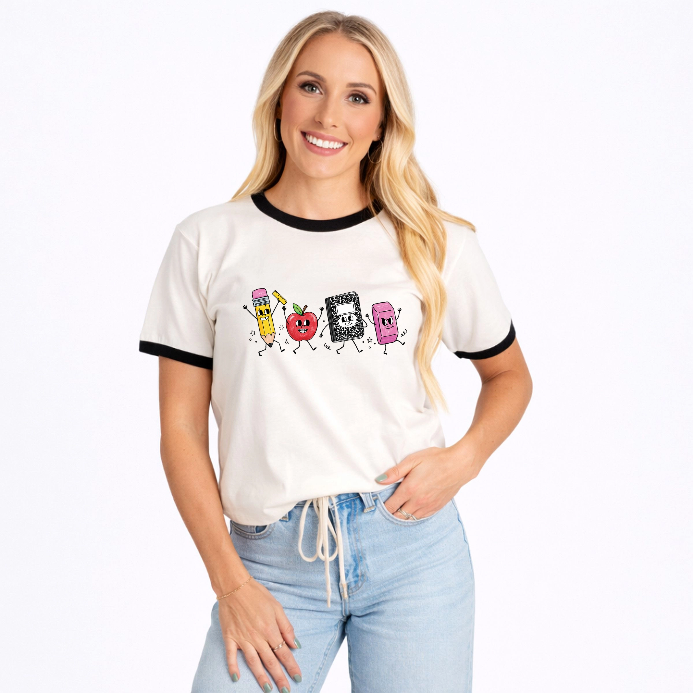 Simply Sage Market - Women's Ringer Graphic T-Shirt School Icons Stick Figures