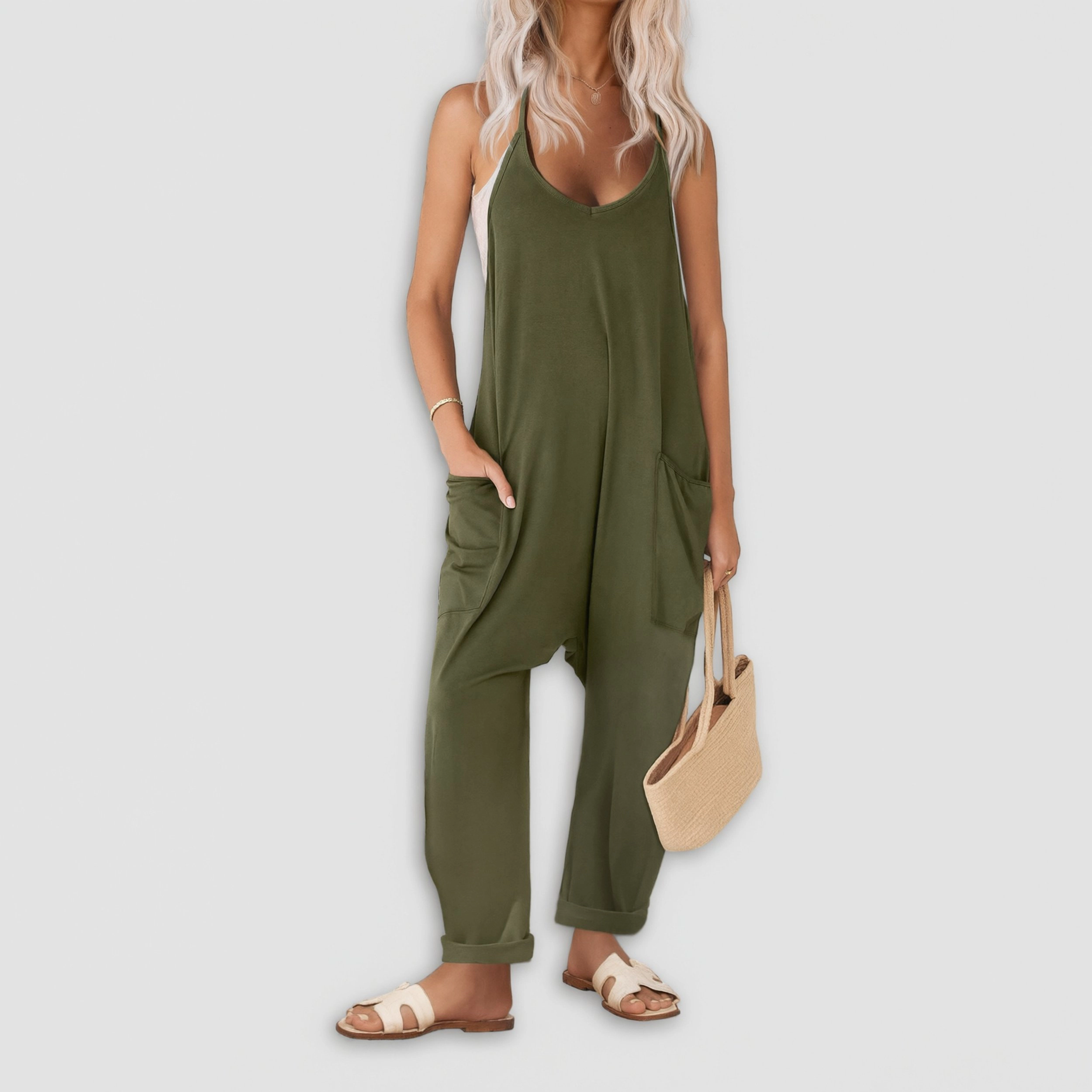 Ekouaer Women's V Neck Spaghetti Strap Loose Jumpsuit with Pockets