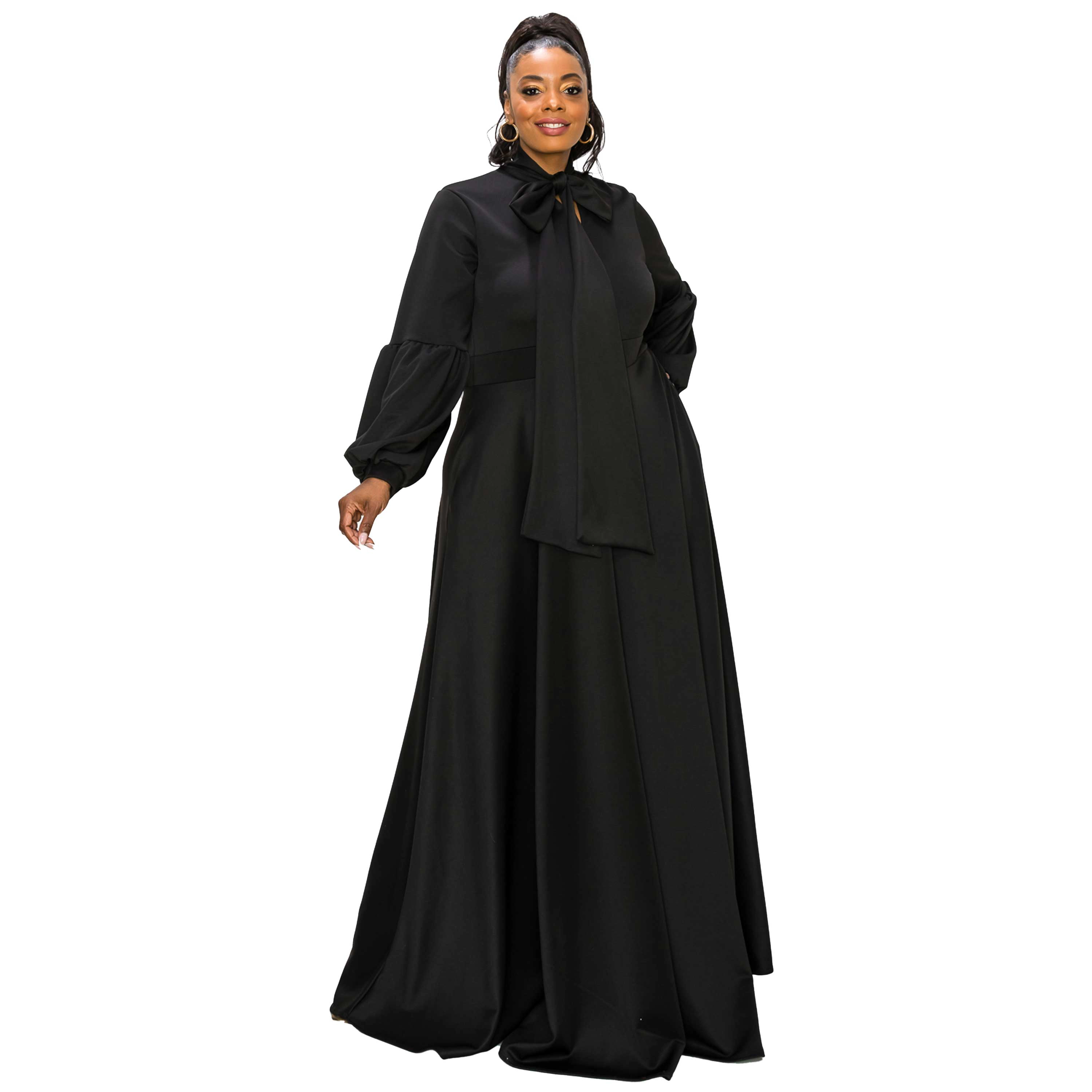 L I V D Women's Plus Bella Donna Dress with Ribbon and Bishop Sleeves