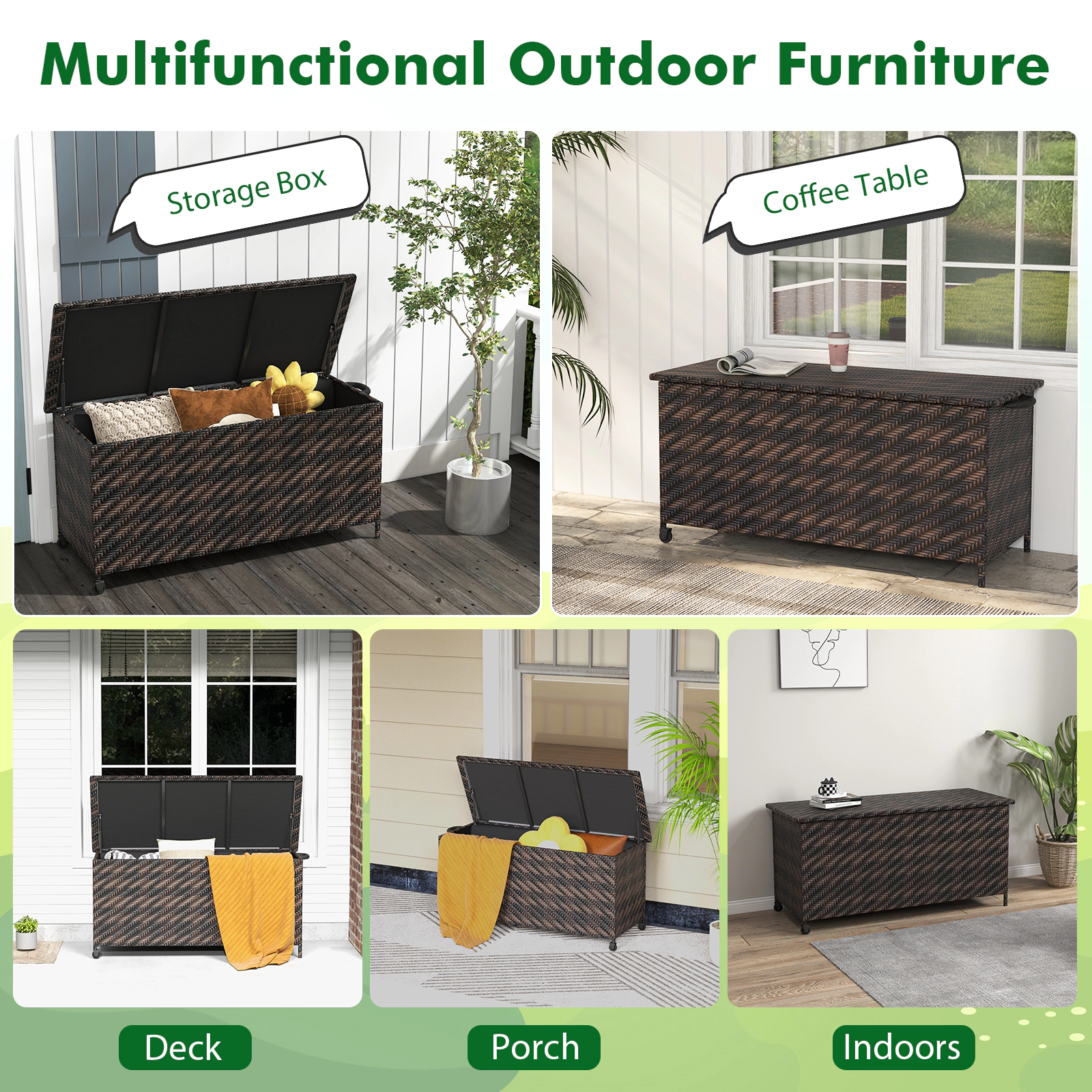 SUGIFT 85 Gallon PE Rattan Outdoor Storage Box with Removable Liner Universal Wheels 66-lb Top Capacity Brown/Black